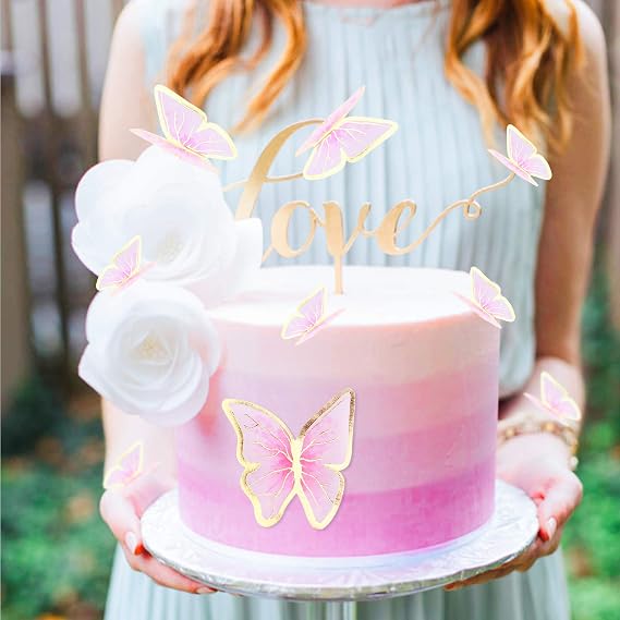 Pack of 30 Red Color Gold Edge Mixed Size Lively 3D Waterproof Butterfly Cupcake Topper for Girls Women's Happy Birthday Wedding Party Cake Wall Party Food Decorations
