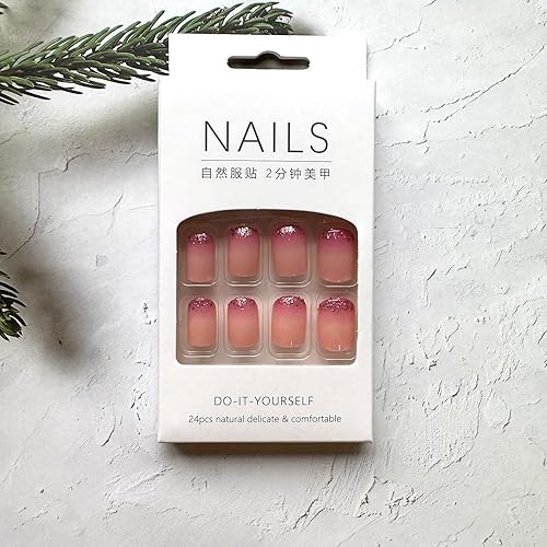 Miniatura 2 de Uñas postizas cuadradas a presión, uñas postizas cortas de color rosa degradado, con diseño de purpurina rosa, lindo cobertura completa, uñas