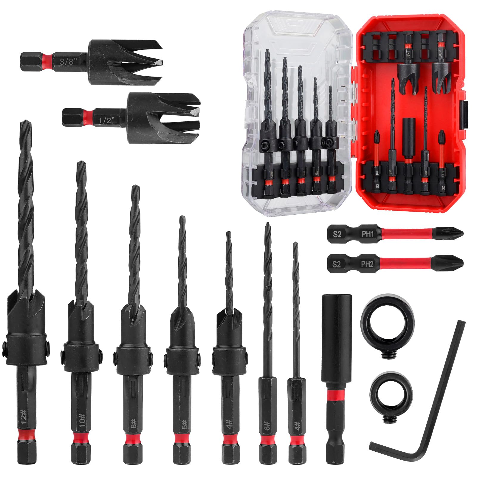 15 Piece Countersink Drill Bit Set for Woodworking with Wood Plug Cutters