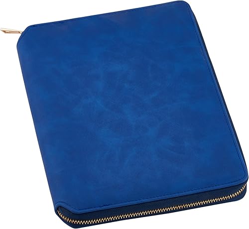 SCWXLCZS Portfolio Zippered for Men Women A5 Notebook Leather Travel Journal Cover Sleeve Pencil Holder Phone Pocket Cables Organizer (Blue)