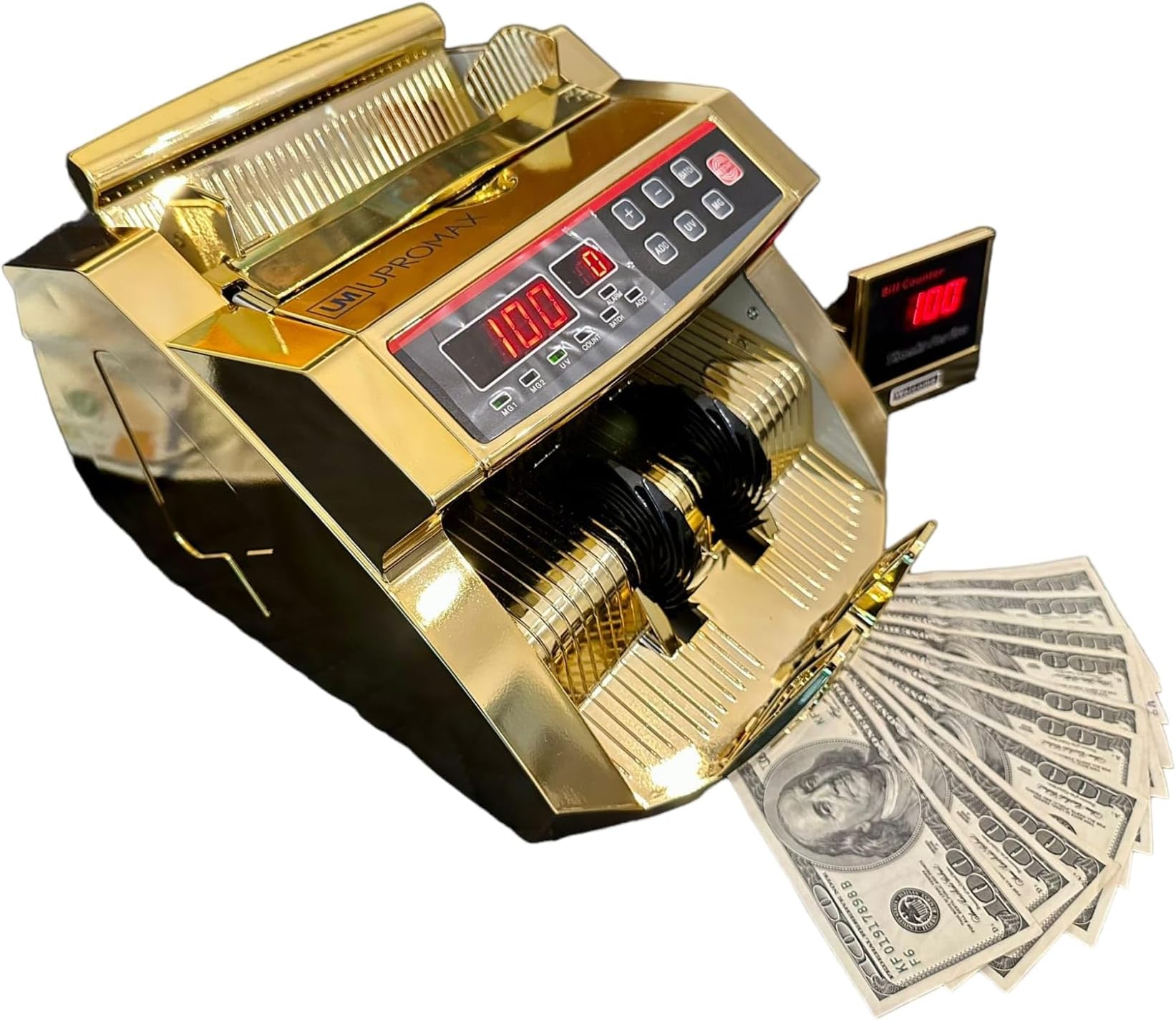 Gold Money Counter Machine - UV/MG/IR Fake Money Detector & Cash Box - Portable Bill Counter w/External LED Display - Adding Machine for Small Business Essentials 1000/Minute, (No Pens) Cash