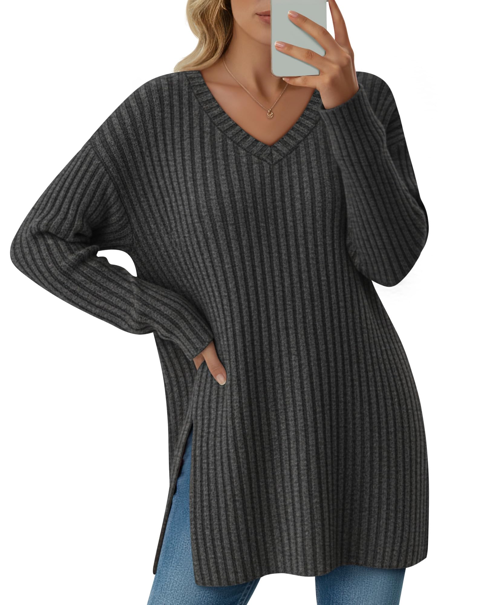 Womens Long Sleeve Sweater V Neck Oversized Side Split Casual Top Loose Fit Lightweight Knit Pullover Sweaters