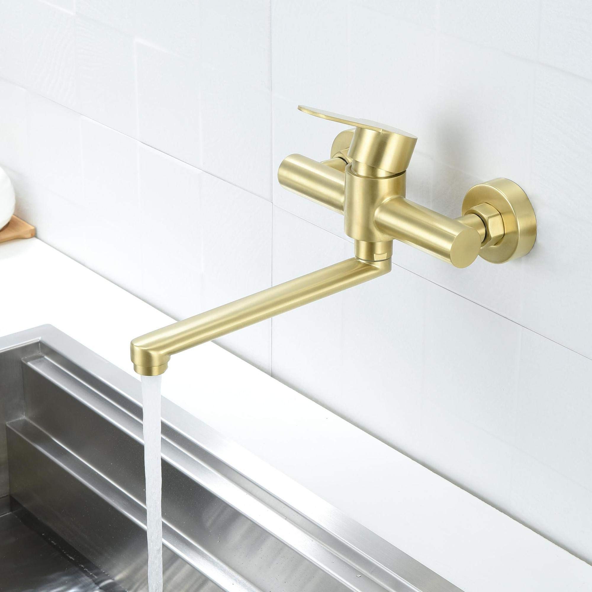 HomeLava Rubinetto oro spazzolato, Rubinetto cucina a muro, Miscelatore monocomando girevole a 360°， Acciaio inossidabile 304, Tubo rotante 23cm