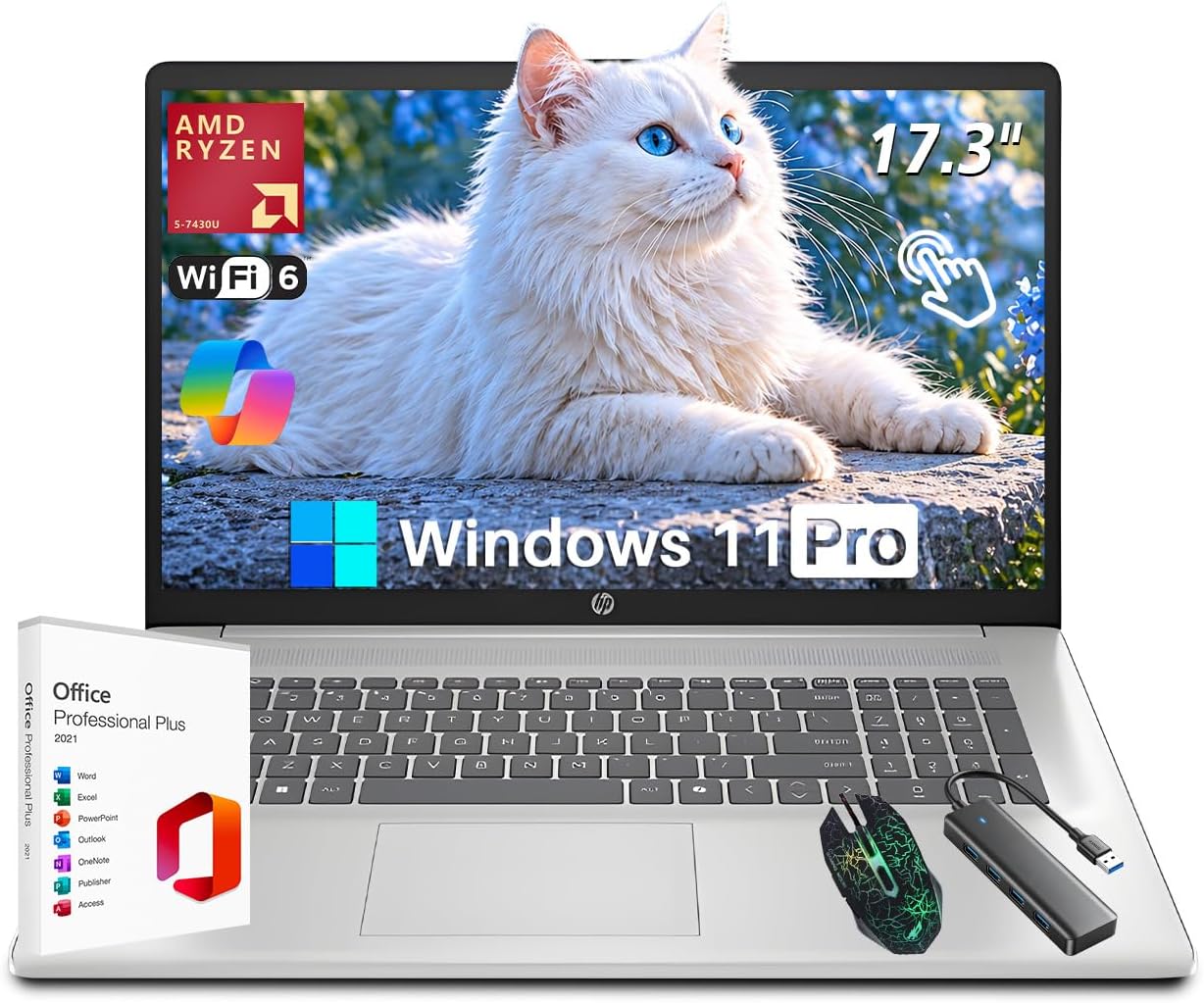 HP 17.3" Touchscreen Business Laptop, AMD Ryzen 5 7430U (6-Core), 32GB RAM, 1 TB SSD, 17.3 Inch HD+ Anti Glare Display, Wi-Fi 6, Bluetooth 5.4, Copilot AI, Fast Charge, Windows 11 Pro, W/Accessories