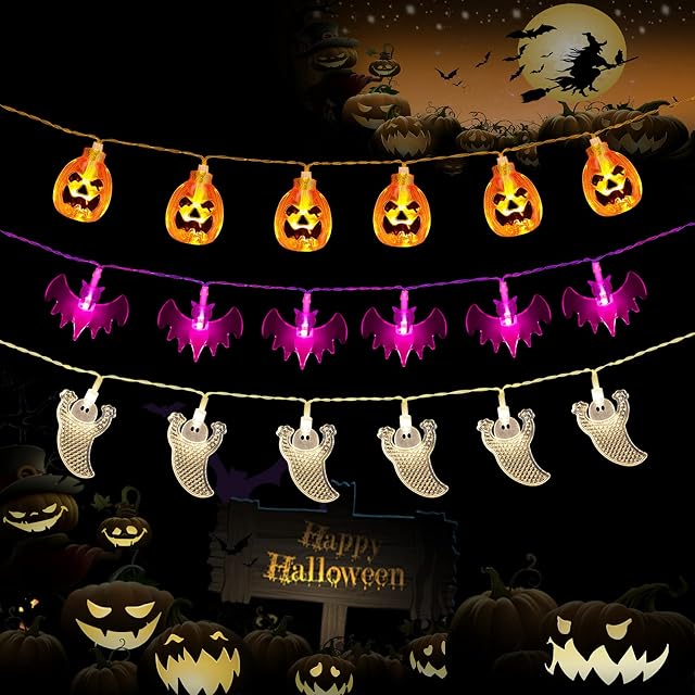 Reayos Halloween String Lights, 3Pack 9m 60LED Pumpkins Bats Ghosts Halloween Decoration Lights Battery Operated Indoor/Outdoor Halloween Lights 2 Modes for Halloween Party Home Decor
