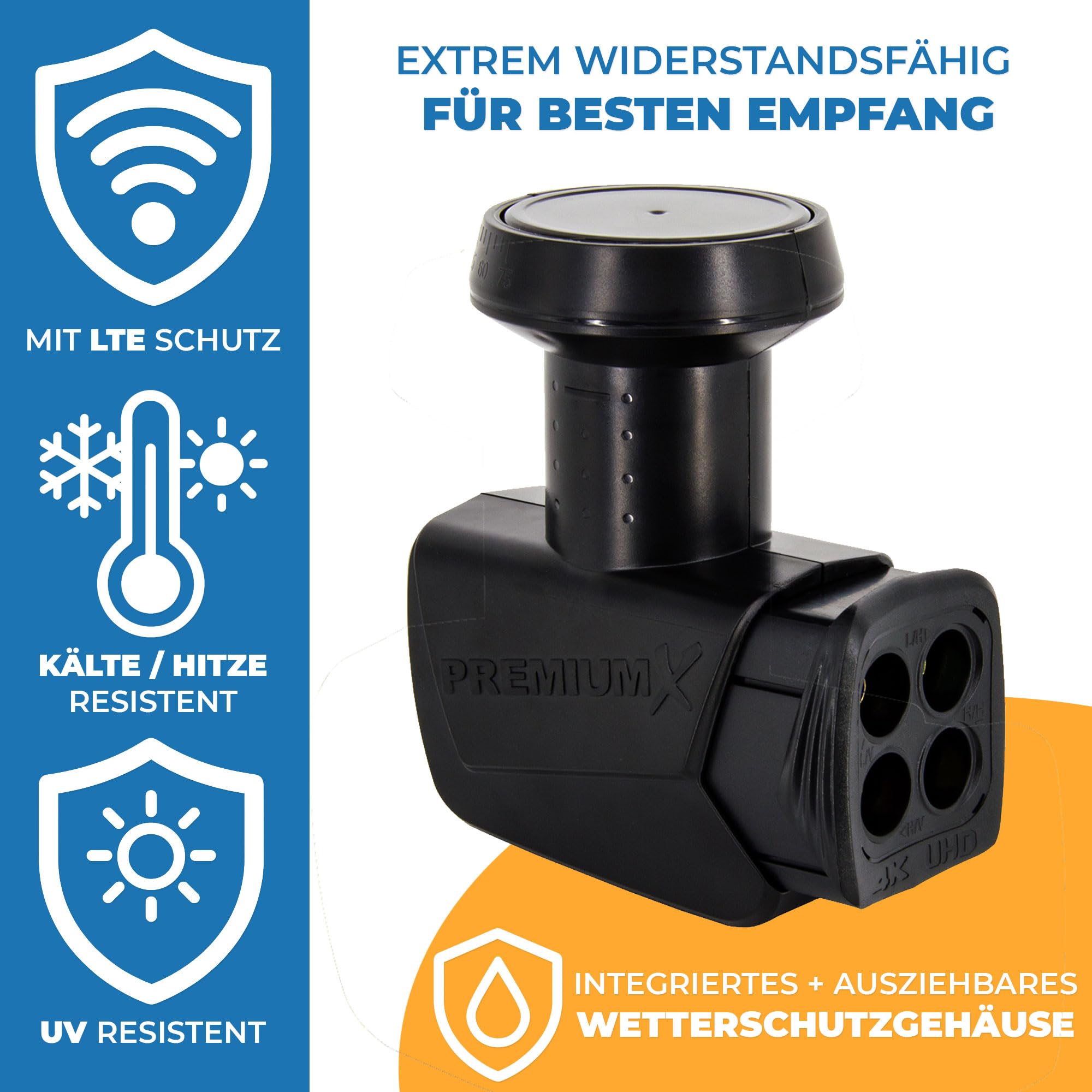 PremiumX Quattro LNB per Multiswitch - Convertitore di segnale TV Multiswitch con protezione dalle intemperie - LNB satellitare digitale in nero con inclusi 8 connettori F - DVB-S2 8K UHD 4K Full HD