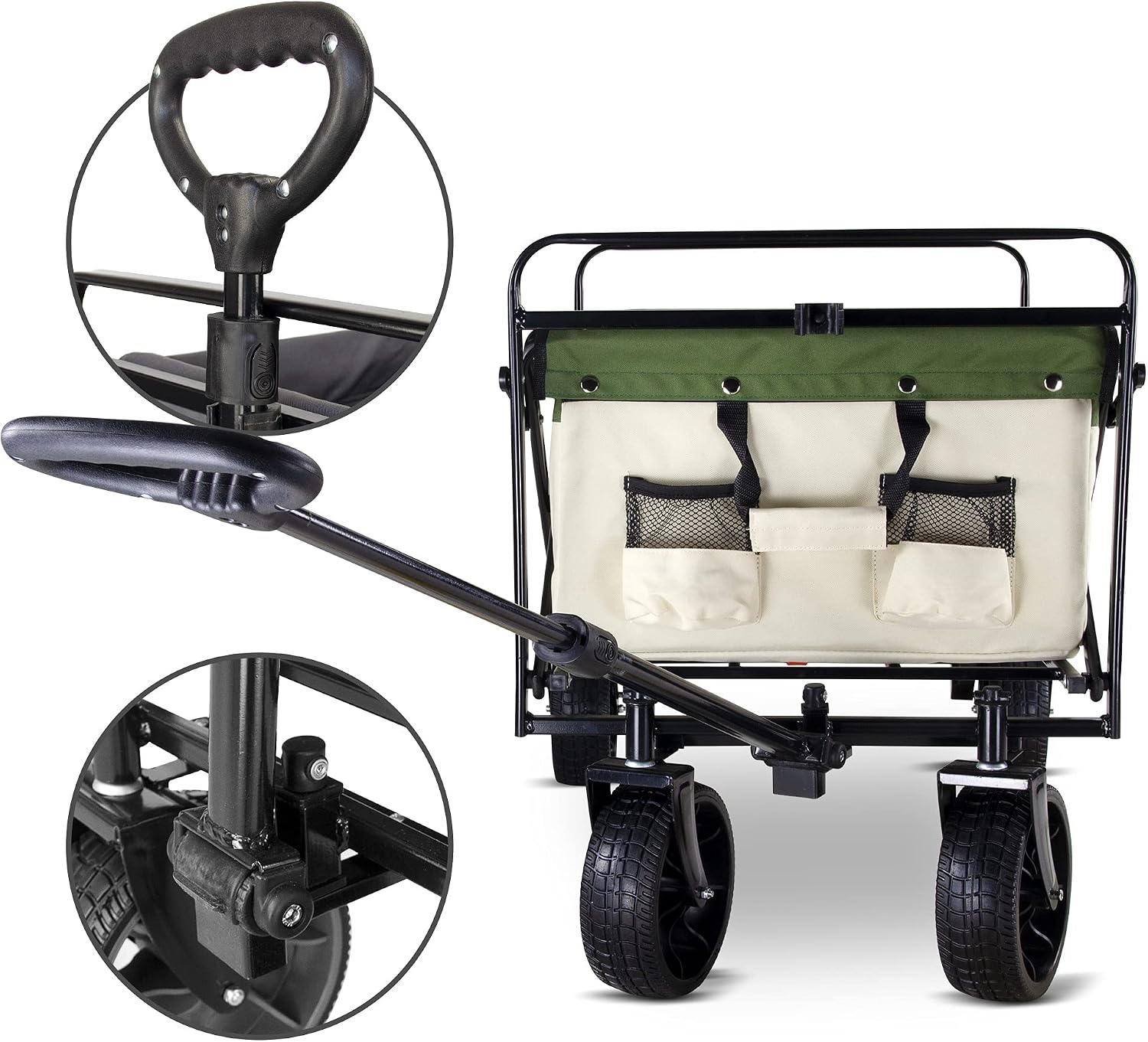 TMZ Collapsible Beach Wagon Cart Utility Folding Pull Wagon with Rubber Wheels Portable Garden Cart with 265lbs Capacity, All Terrain Wagon for Shopping,Camping and Outdoor Activities (Beige/Green)