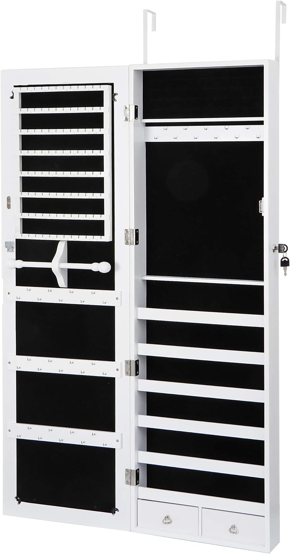 HomGarden Mirror Jewelry Cabinet Lockable Wall/Door Mounted Mirrored Jewelry Armoire Bedroom Living Room Cosmetic Storage Organizer for Accessories w/Keys and Drawers