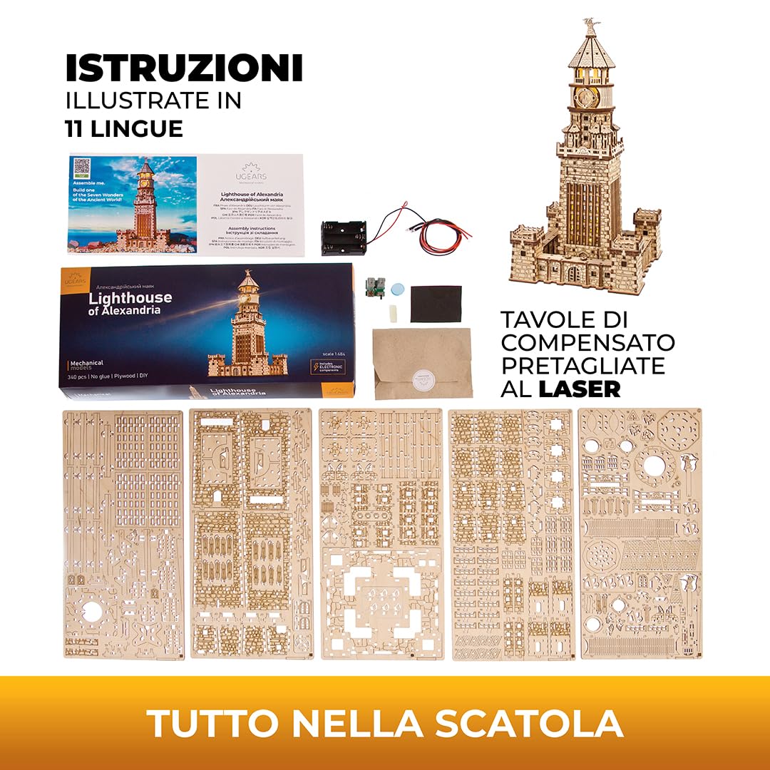 Ugears Faro di Alessandria 3D Puzzle - Kit Fai Da Te per Adulti 3D Puzzle in Legno per Adulti con LED Notturno - Kit di Modelli da Costruire Artigianato Puzzle in Legno Regalo Perfetto - 340 Pezzi