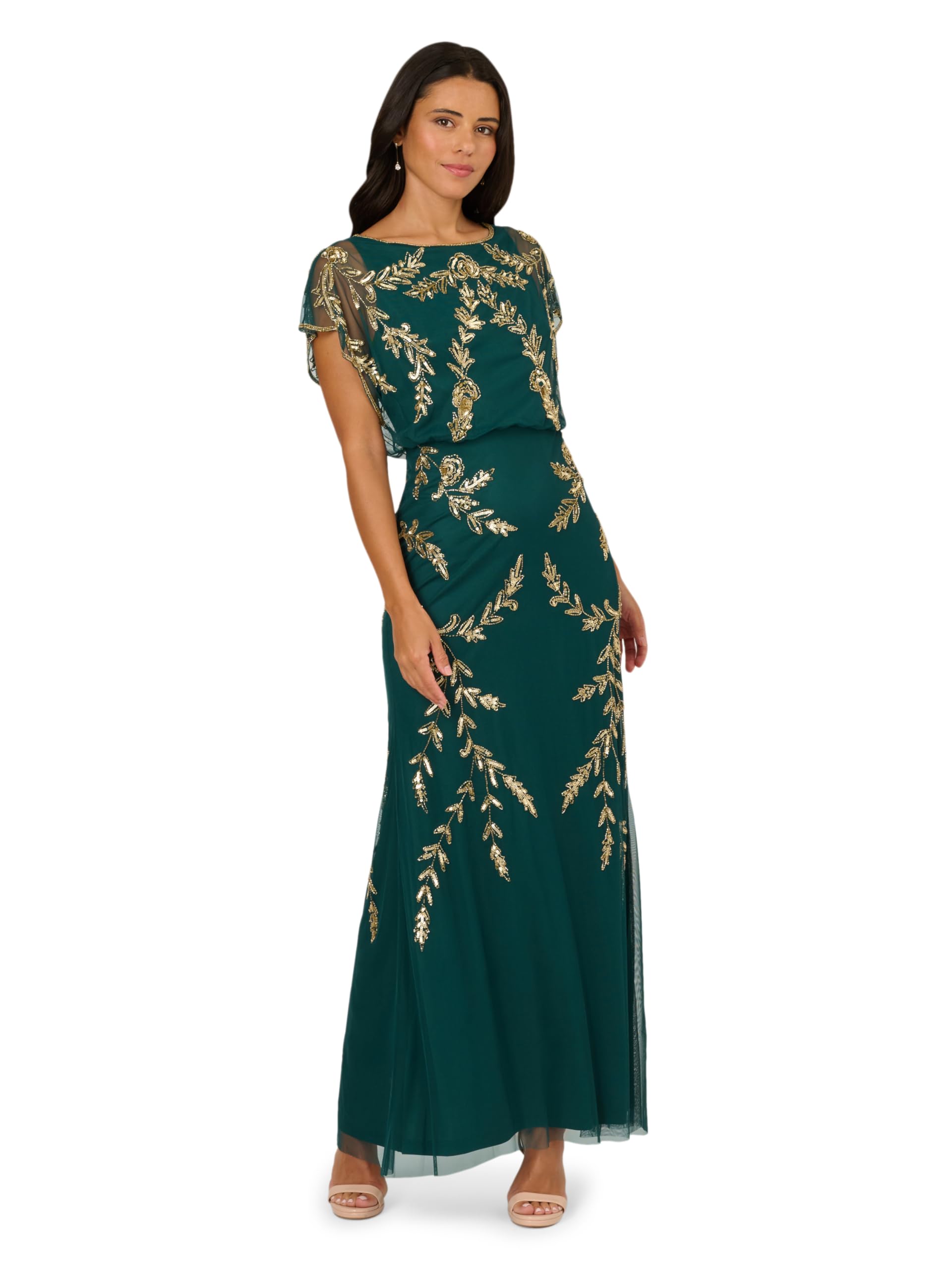 Adrianna Papell Women's Beaded Flutter Blouson Dress, Green/Gold, 14