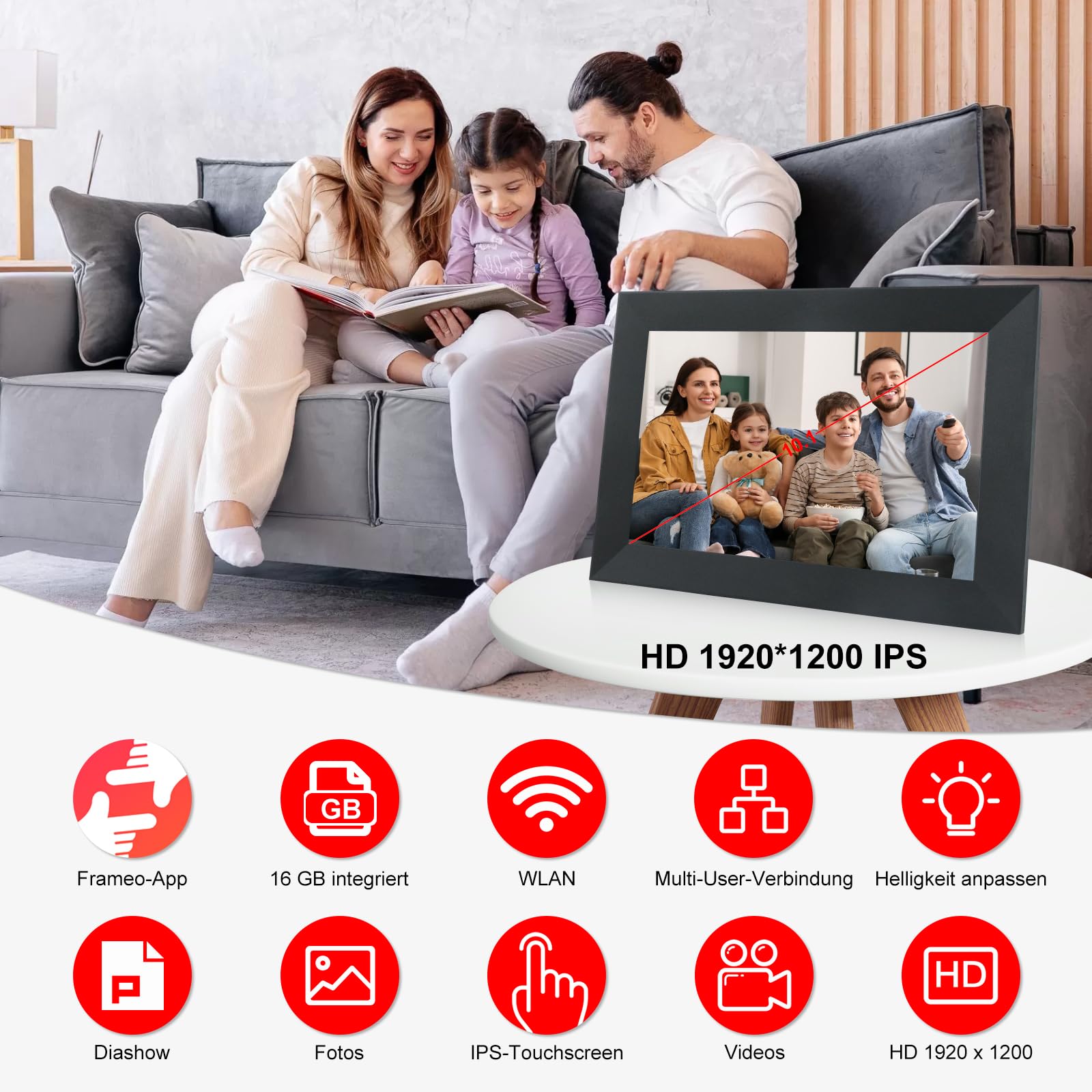 Frameo - Cadre photo numérique WiFi - 10,1" - Écran tactile IPS HD 1920 x 1200 cm - Avec 16 Go de mémoire - Partagez instantanément des photos de n'importe où via Frameo - Noir