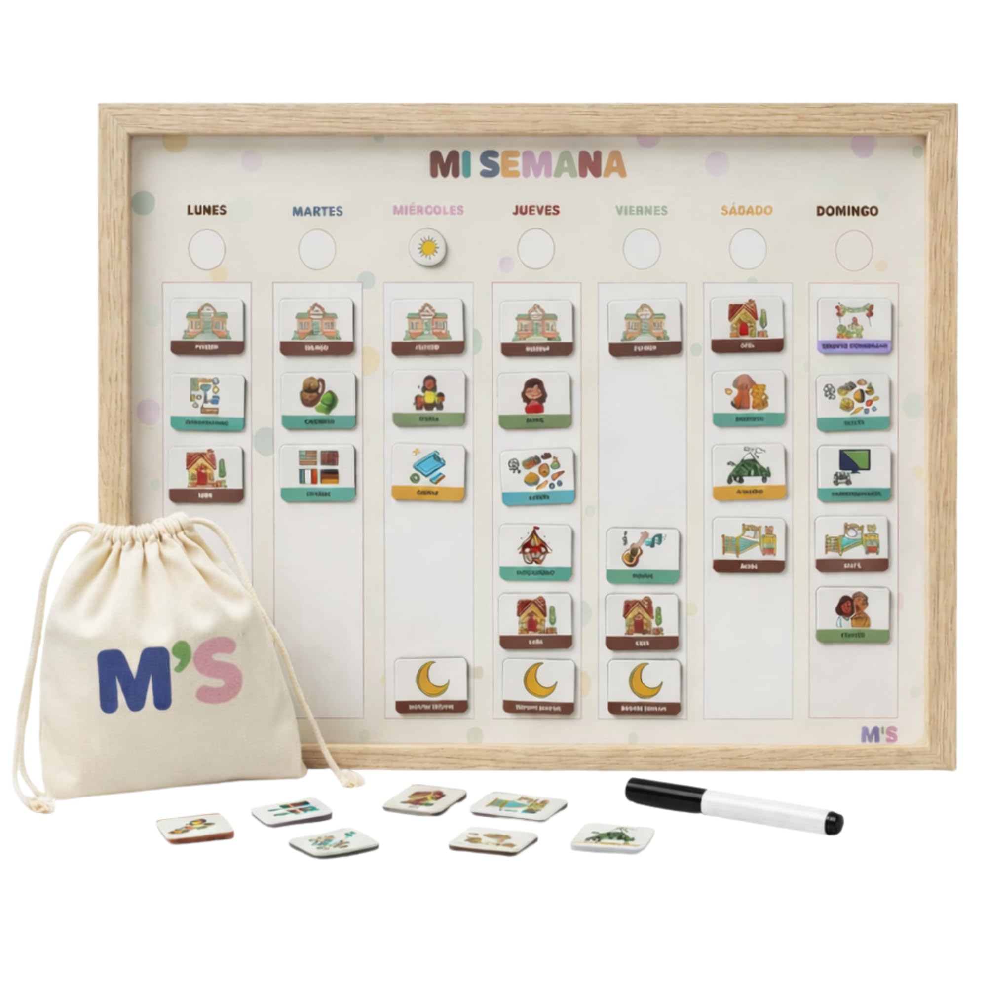 Horario imantado niños semanal en Español – Planificador Montessori magnético con actividades y clima – calendario semanal para niños -Agenda pizarra con imanes con pictogramas