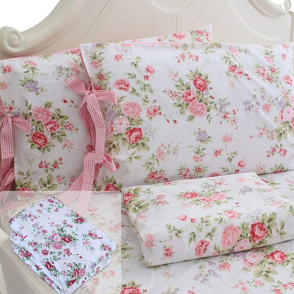 FADFAY Rose Floral Comforter Set King Shabby Floral Summer Quilt 100% Cotton Fabric with Bed Sheet Bedding Lightweight Reversible All Season Down Alternative Duvet Insert 7Pcs, King