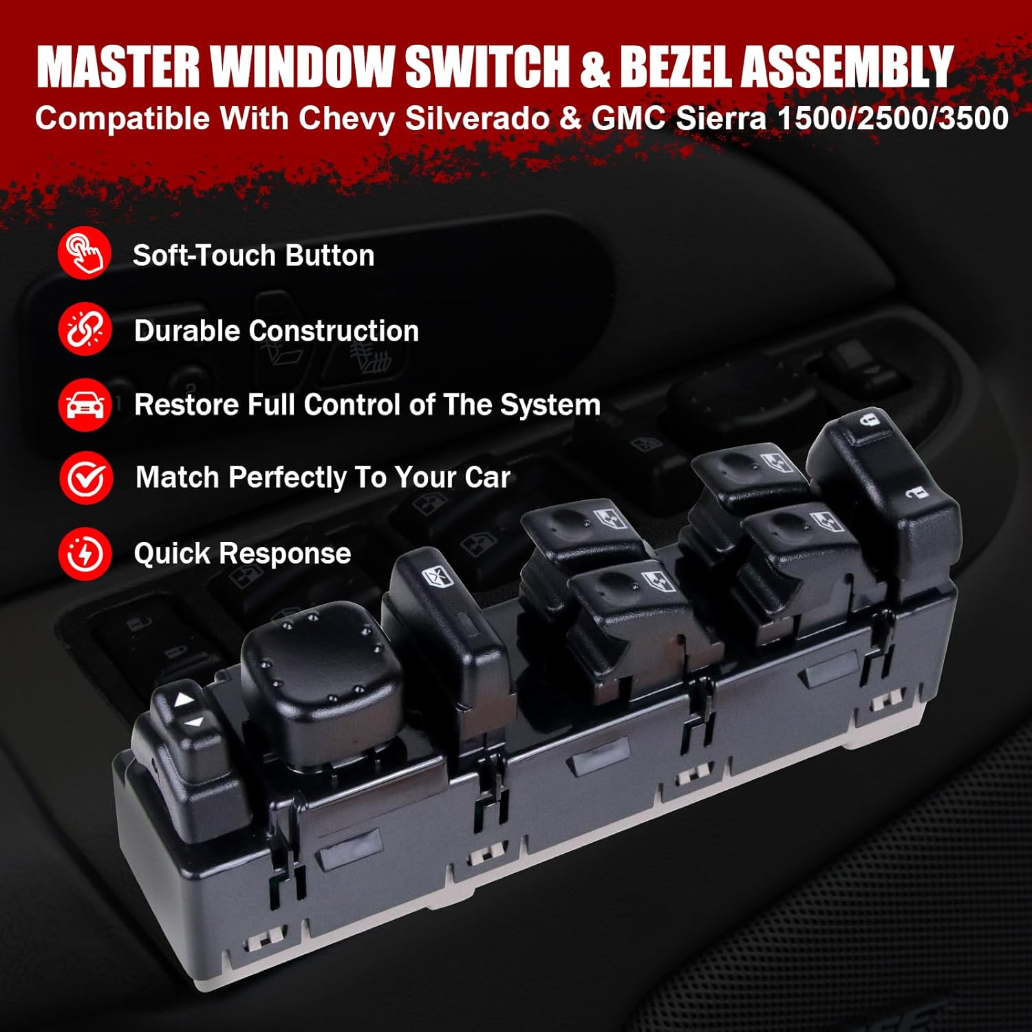 15883323 Driver Side Master Power Window Switch & Panel 15883323 Compatible with Chevy GMC Models 2003-2007 Escalade Avalanche Silverado Suburban Tahoe Sierra Yukon Replace DWS-220