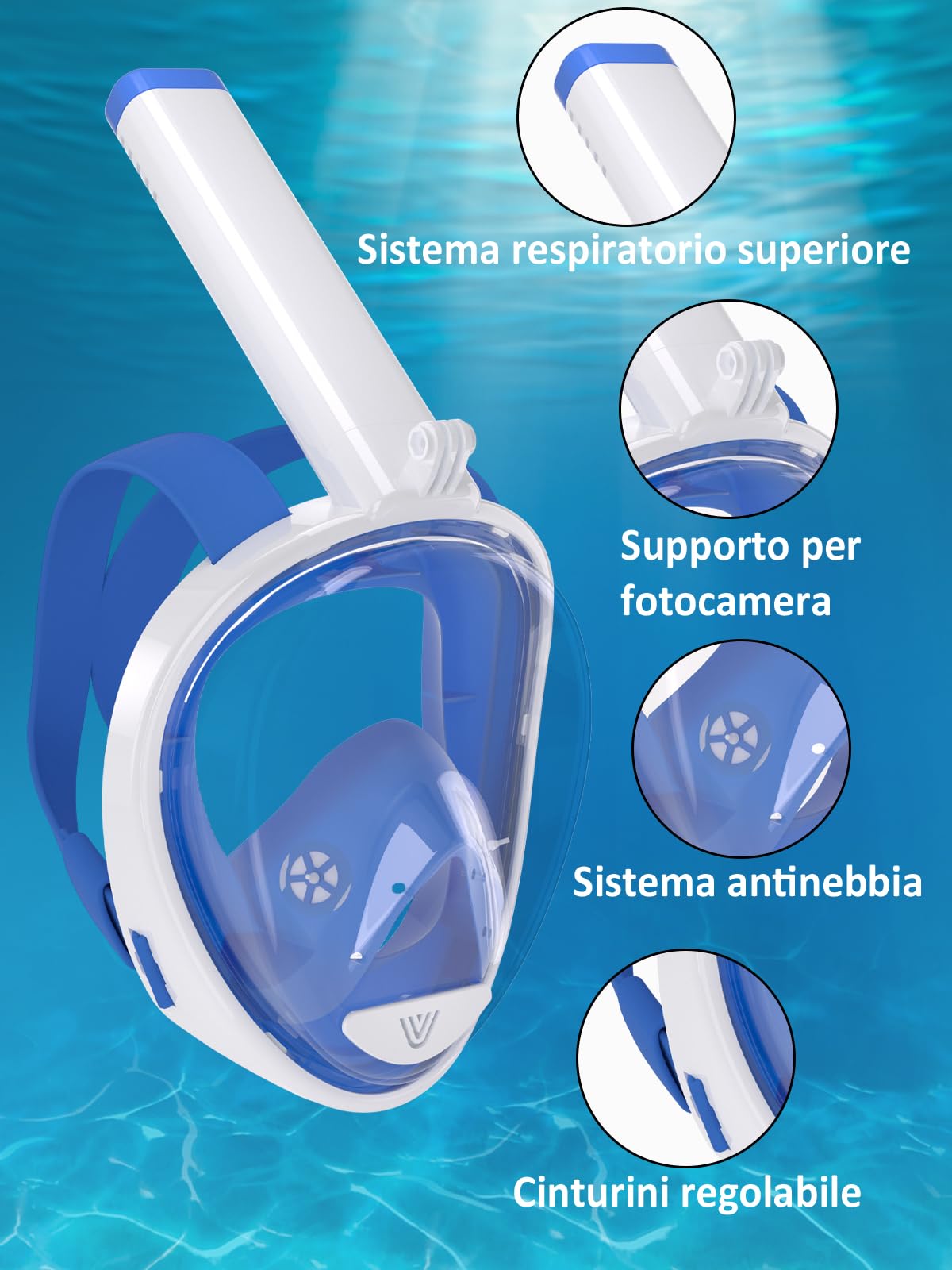 Vitare Maschera da Snorkeling per Adulti e Bambini, Maschera Subacquea Integrale Tecnologia Antiappannamento, Maschera da Mare con Supporto per Fotocamera, Maschera da Sub per Immersioni