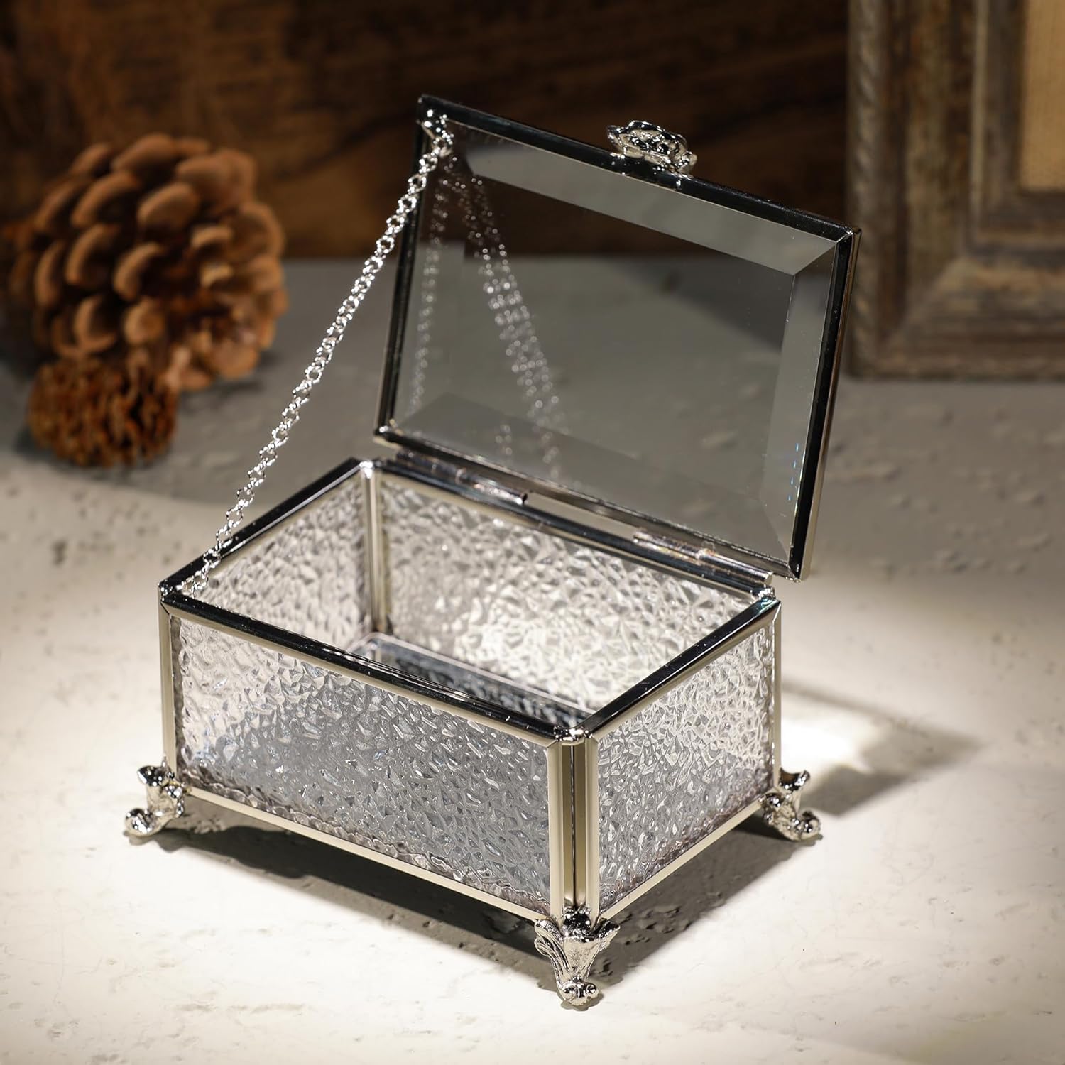 Glass Vintage Jewelry Box Keepsake storage Trinket Ring Display Box Home Decor Embossed Clear Glass Boxes Organizer(3.9x2.7x2.3Inches) - Image 4