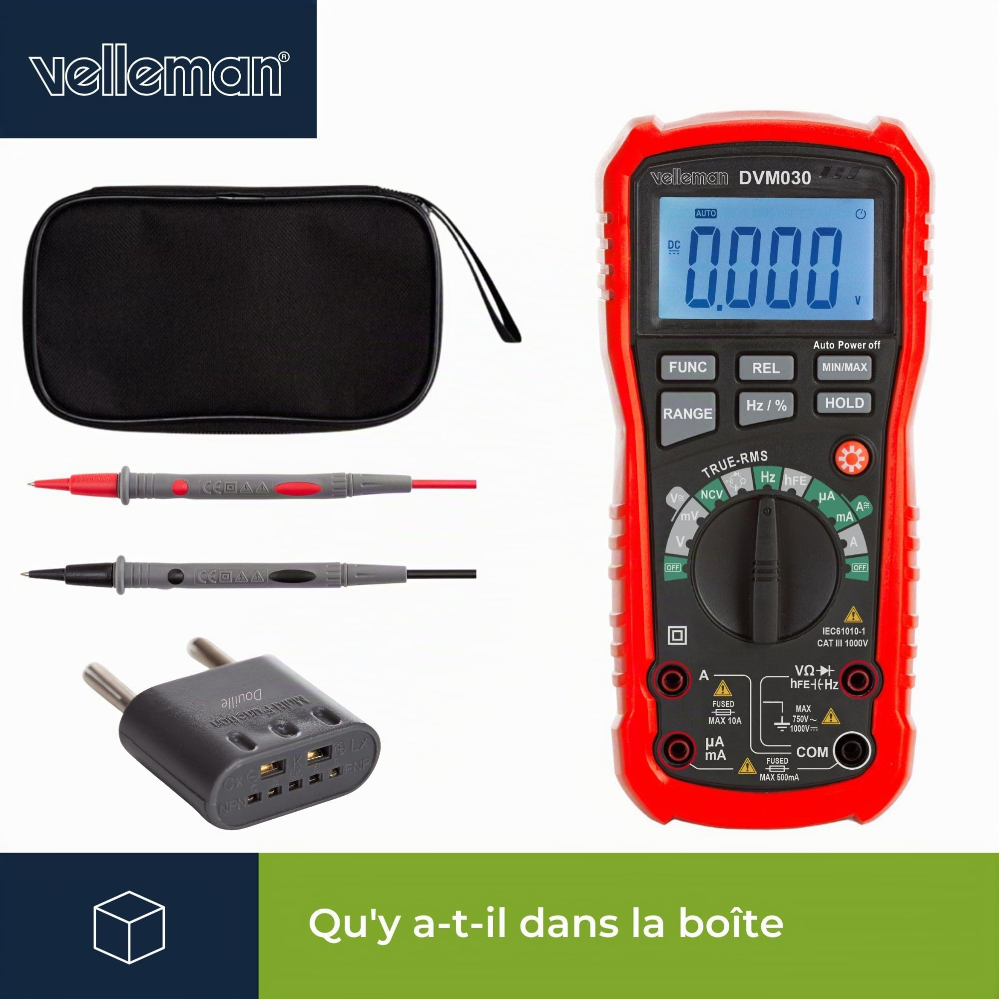 Velleman Multimètre numérique, sans contact, pour la mesure de courant CA/CC, tension CA/CC, résistance, fréquence, capacité, diodes et continuité, avec cordons de mesure, avec maintien des données,