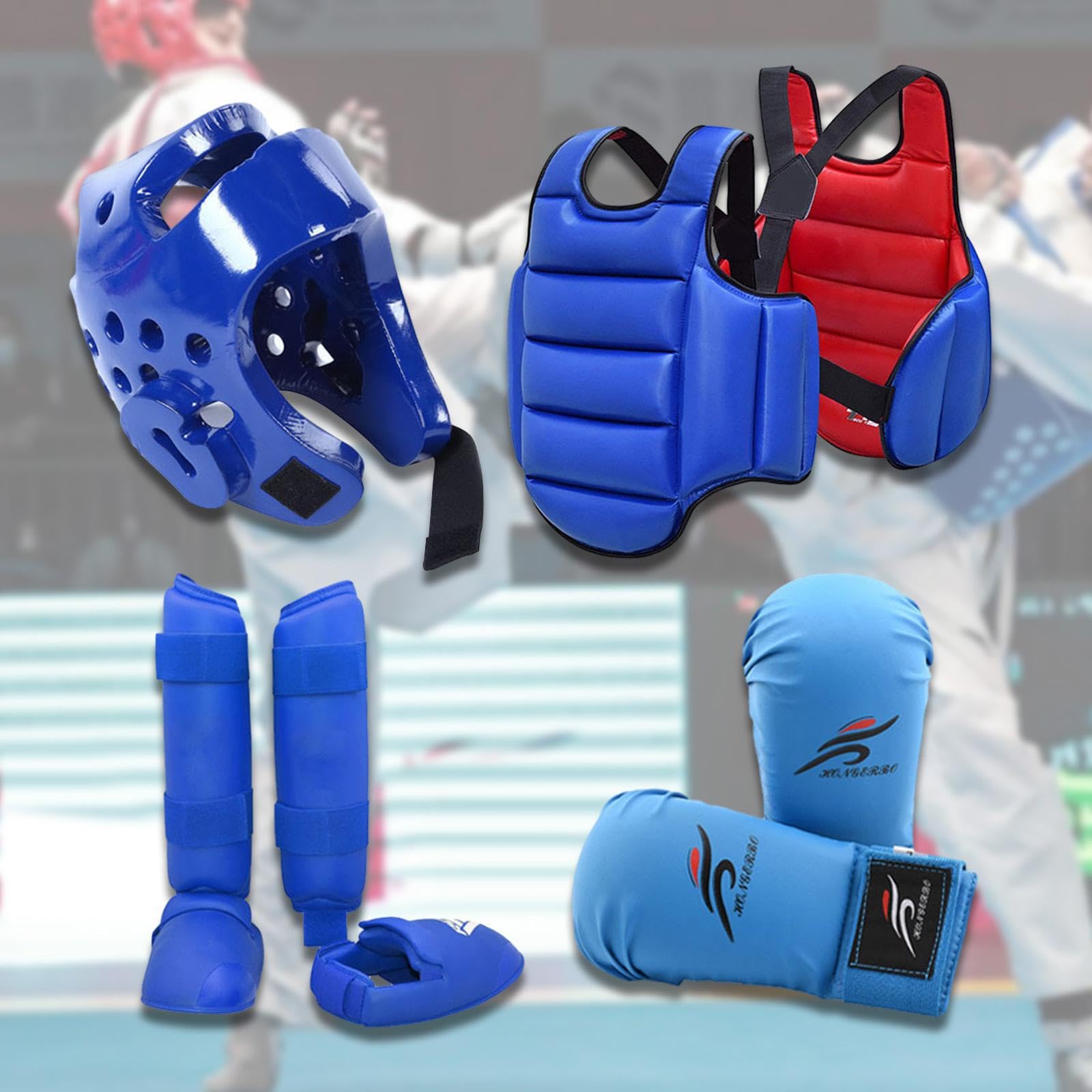 Karate Sparring Set Casco Boxeo Guantes Espinilleras Protector Corporal Entrenamiento Competición