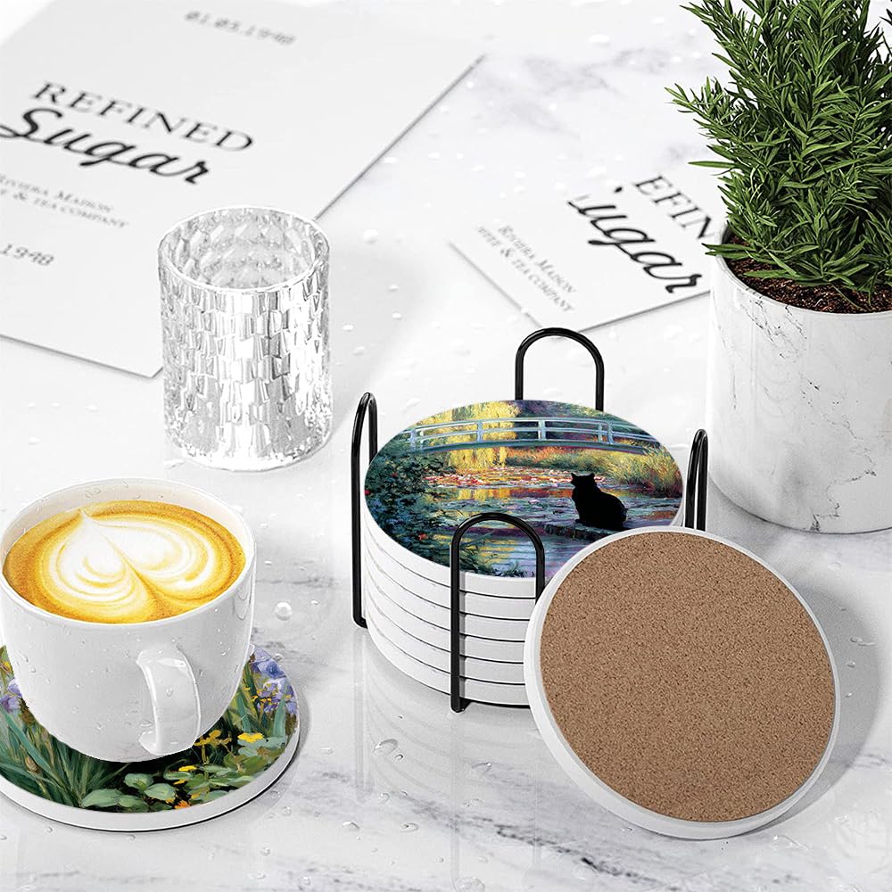 Drink Coasters - Water Lilies & Black Cat Set -4