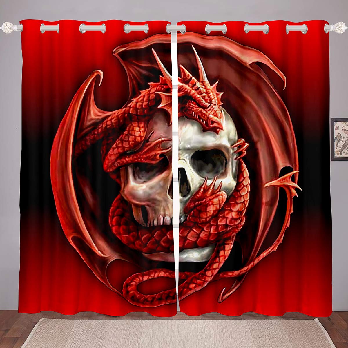Erosebridal Skull Window Curtains Red Dragon Blackout Curtains Teens Boys Kids Gothic Sugar Skull Decor Window Drapes Terror Animal Dragon Skeleton Pattern Darkening Thermal Drapes 2 Panels 52"X84"