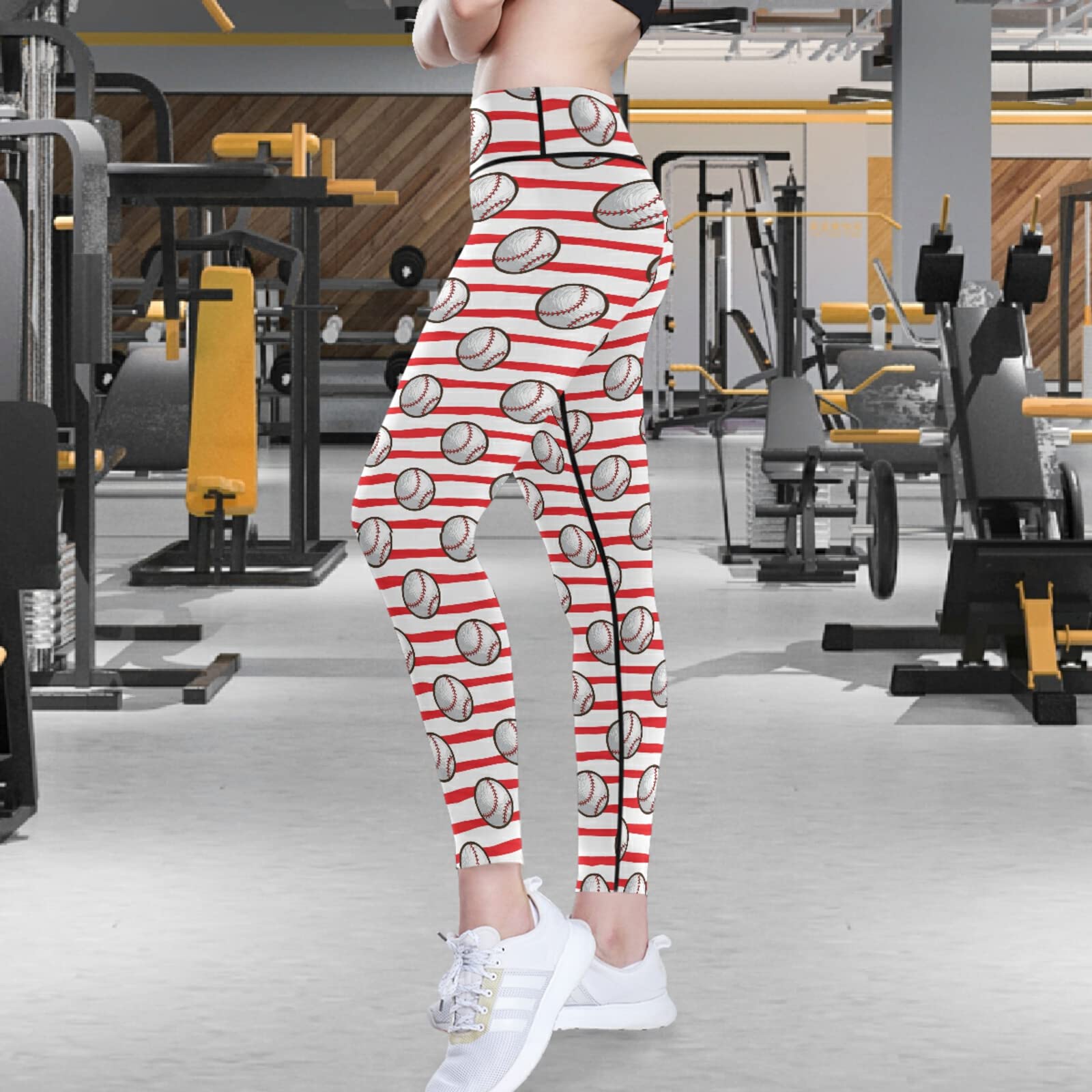 visesunny High Waist Yoga Pants with Pockets Baseball Red White Stripe Buttery Soft Tummy Control Running Workout Pants 4 Way Stretch Pocket Leggings