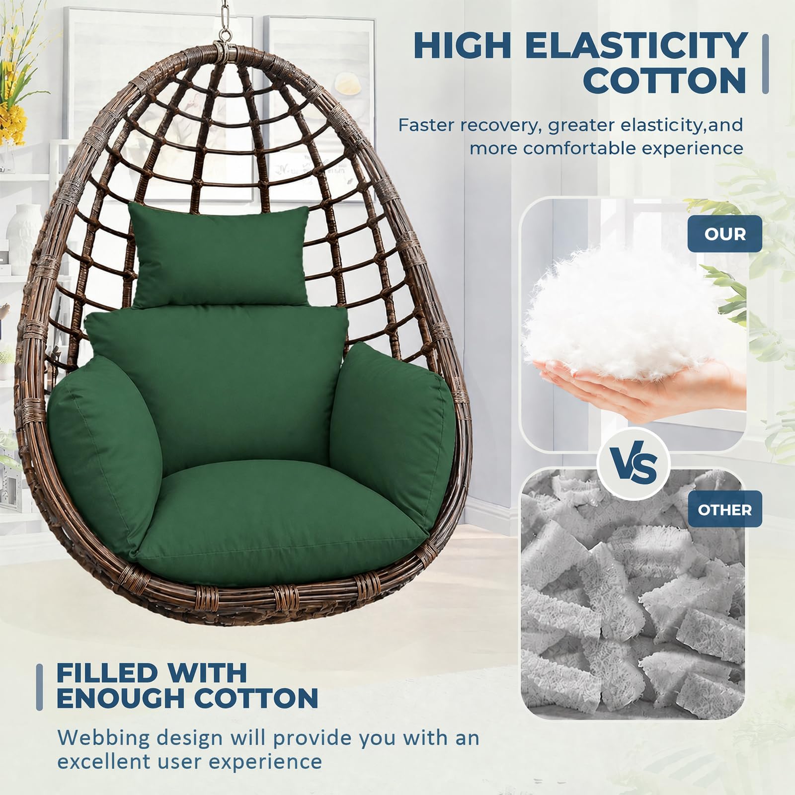 Coussin pour fauteuil suspendu, coussins et coussins pour balancelle suspendue en rotin synthétique/rotin, panier suspendu, panier à balançoire, disponible (vert foncé)
