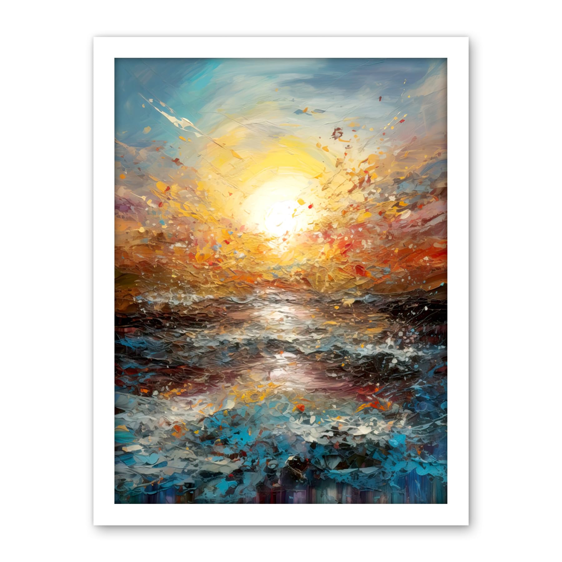 Artery8 Sunrise at Sea Abstract Seascape Splatter Art Artwork Framed Wall Art Print 18X24 Inch