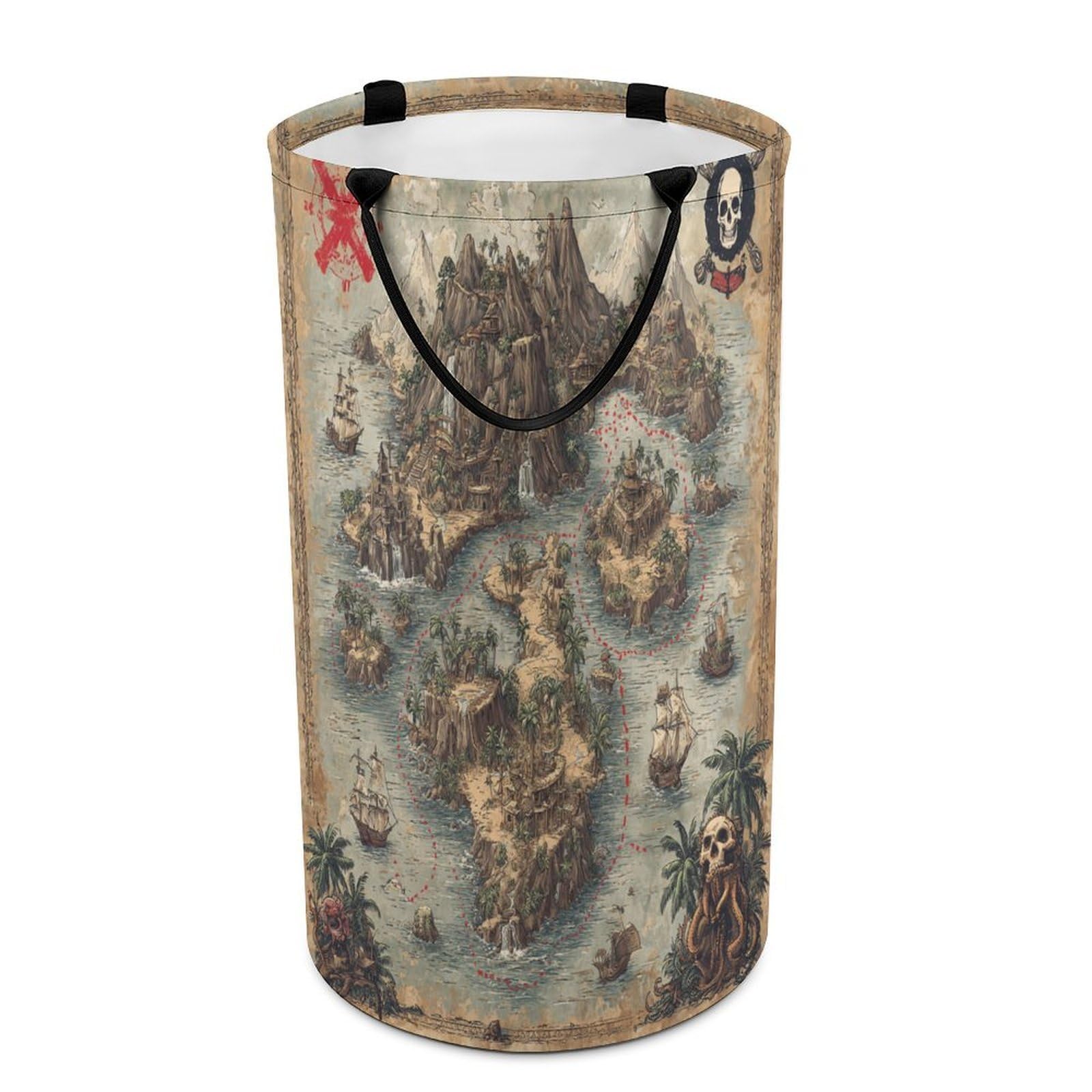 LUYYSKY Classic Aesthetic Treasure Map Dirty Clothes Basket, Vintage Fantasy Antique Map Pirate Ship Tropical Palm Trees Compass Portable Clothes Storage Laundry Basket-40 CM Dia, 69 CM High
