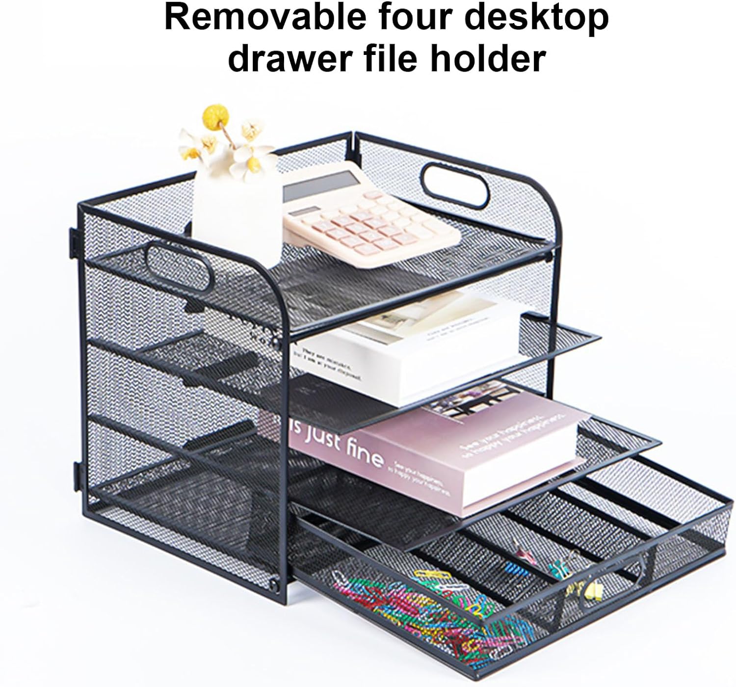 4段紙レタートレイオーガナイザーオフィスデスクトップオーガナイザー、スライド引き出しと2ペンホルダードキュメントラック付き