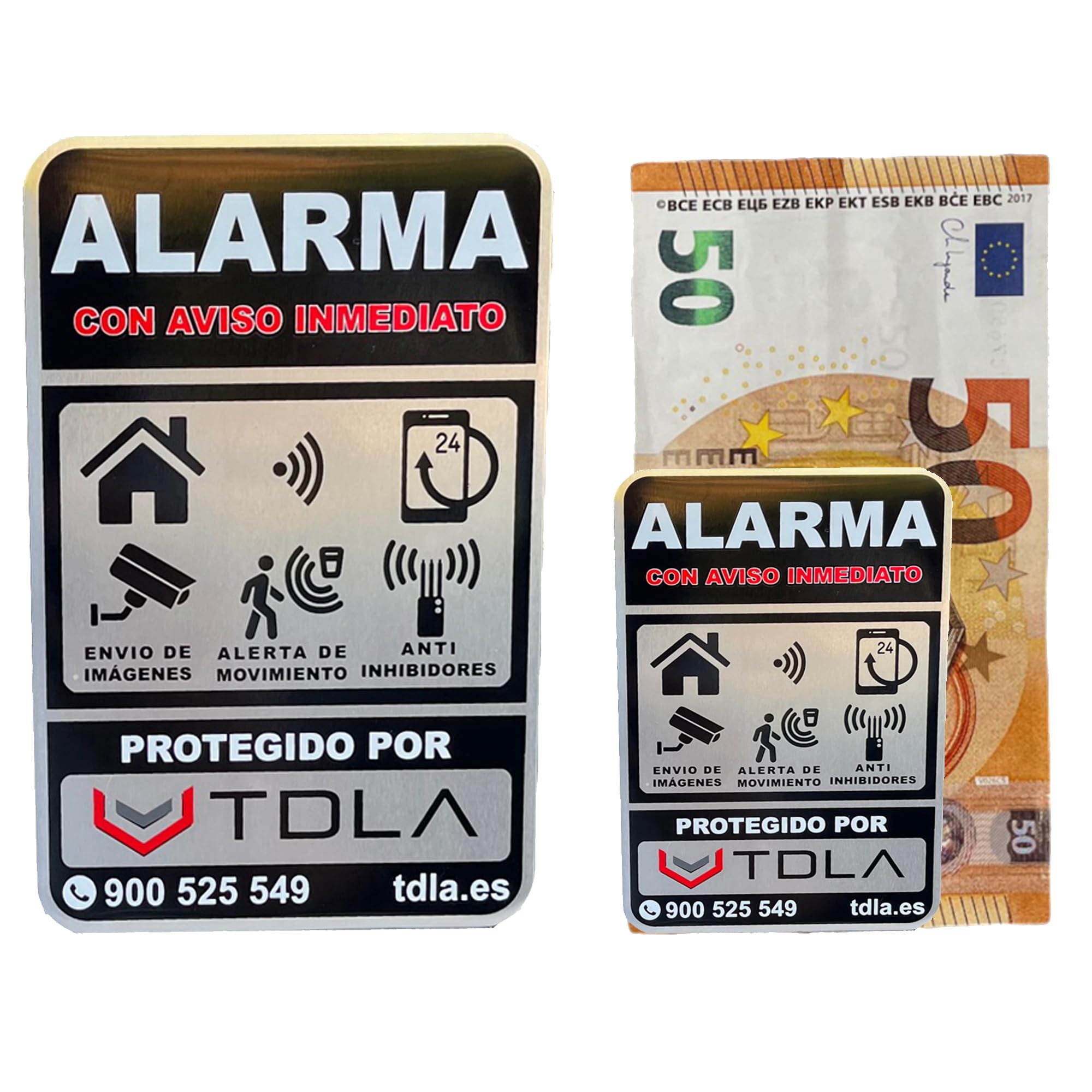 PACK 2 Tamaños - NO PARECE REAL, LO ES. Super Adhesivo y ALUMINIO - Somos empresa venta de ALARMAS Especial piso Cartel alarma disuasorio Alarma NEGRO- 14x9cm y 8x6cm - 0,8mm