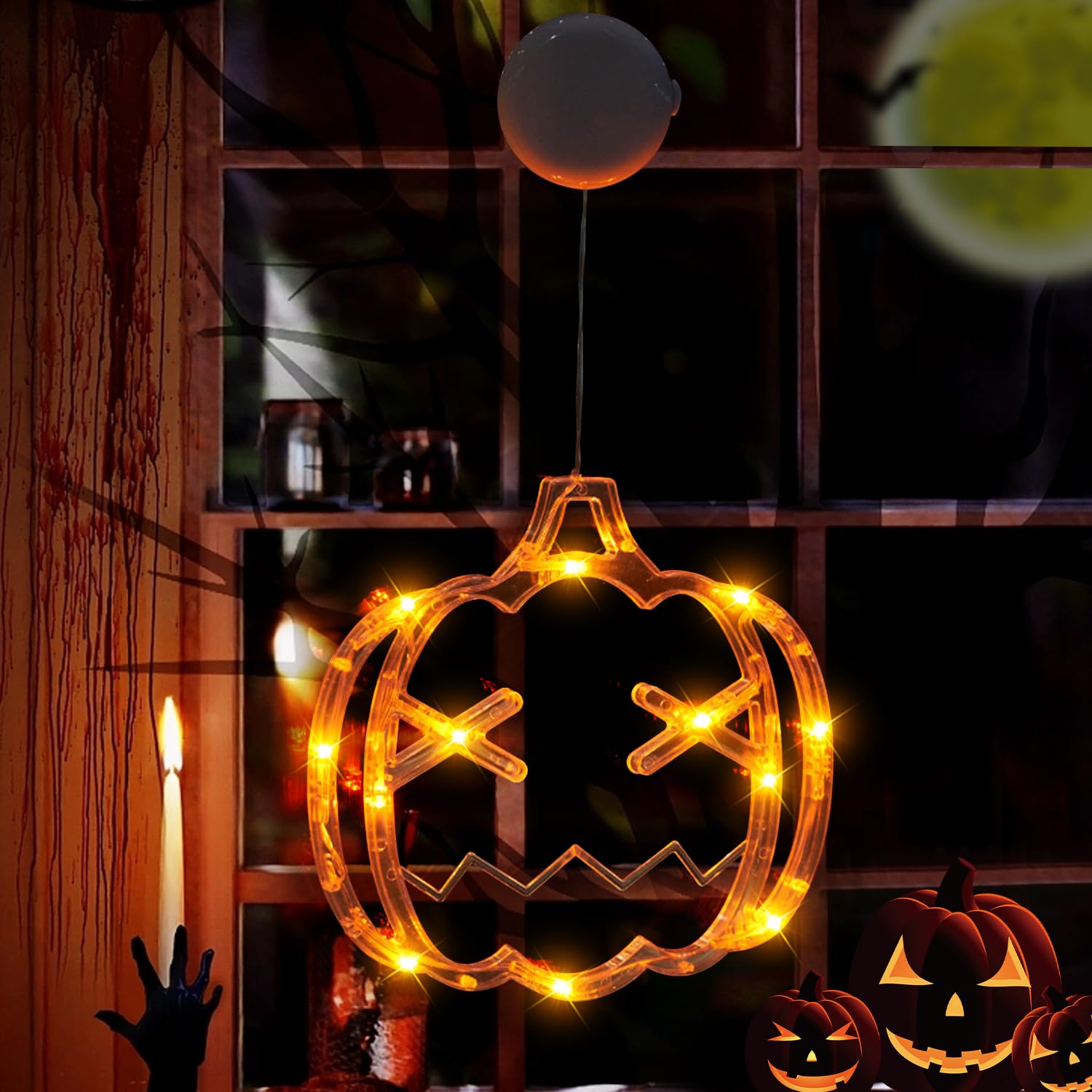 Necomi Halloween Window Lights with Suction Cup, LED Battery Operated Decorations for Party Home Wall (Pumpkin Lights)