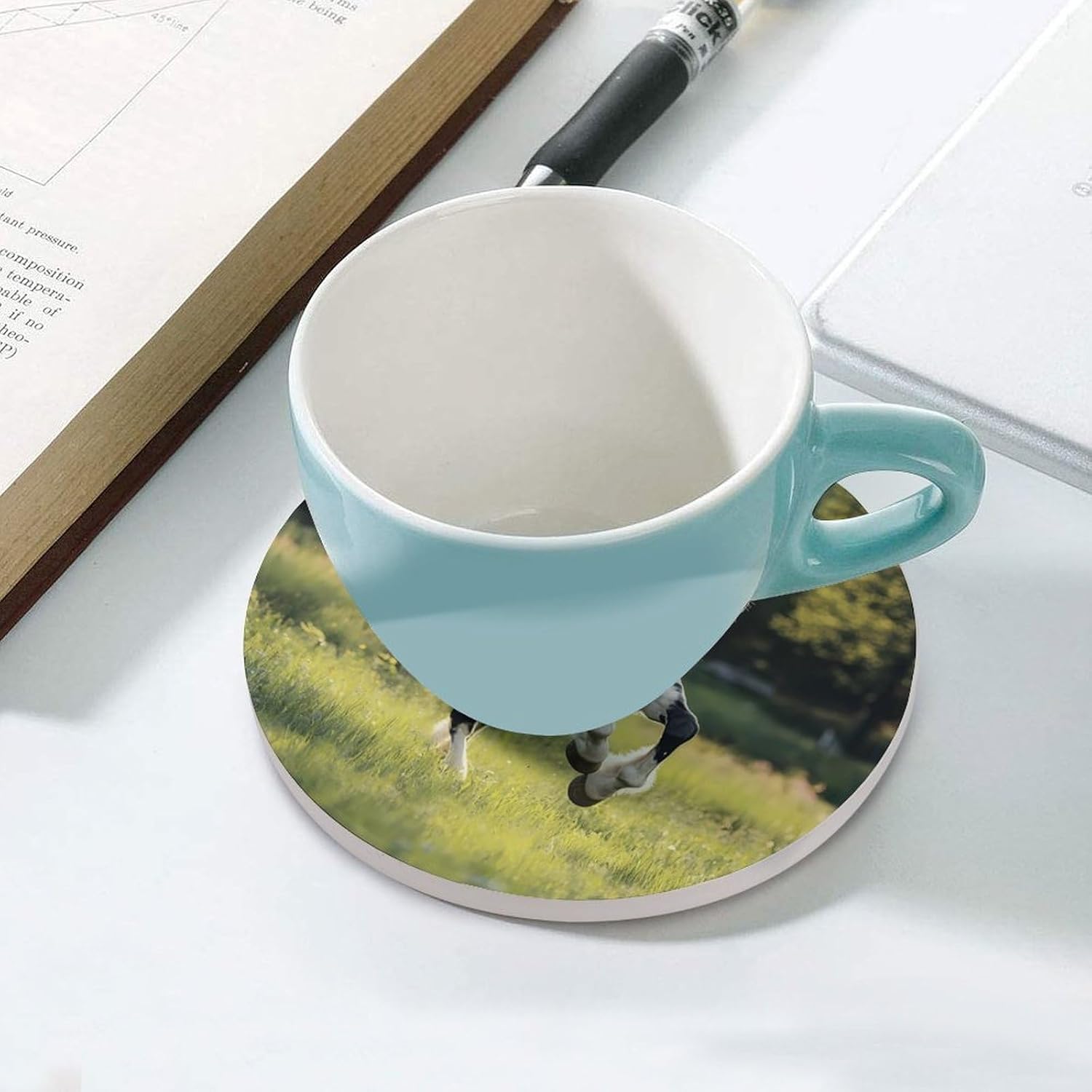 Black and White Horses Coasters for Drink Round Ceramic Coaster with Cork Base Home Decorative 4PCS