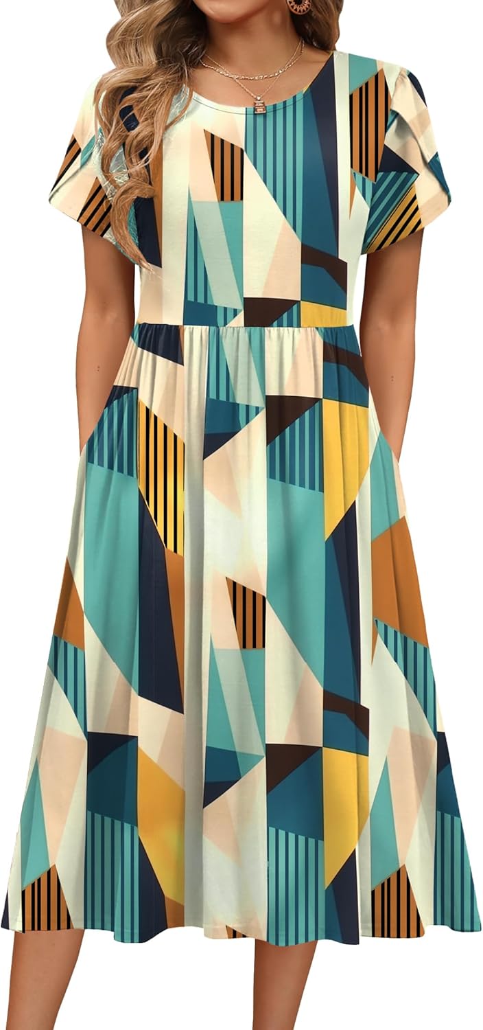 HOTOUCH Women's Summer Short Sleeve A-Line Midi Dresses Casual Floral T-Shirt Dress Flowy Beach Sundress with Pockets