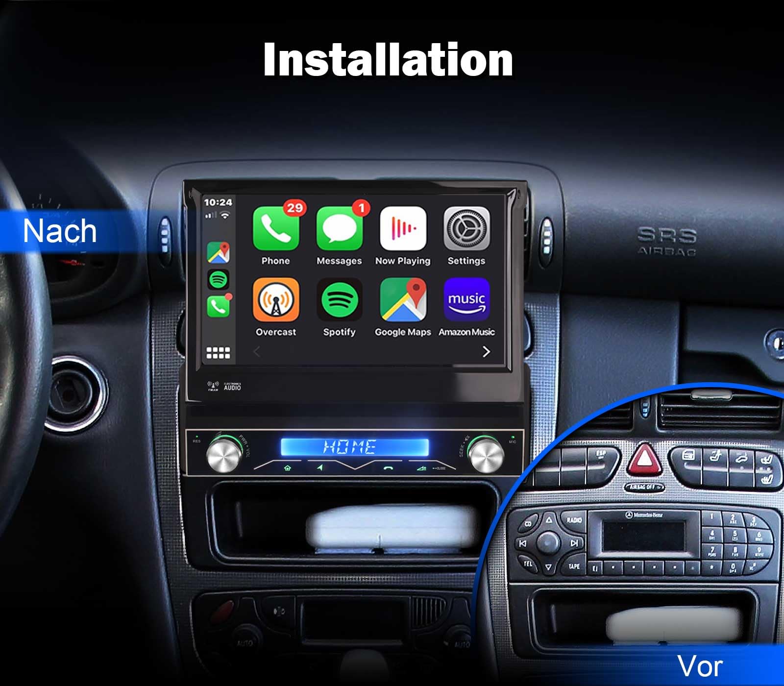 Erisin 8-rdzeniowy 4 GB + 64 GB Android 14 1 DIN radio samochodowe, wysuwany nawigacja GPS, ekran dotykowy 7 cali, HD IPS, zintegrowany bezprzewodowy CarPlay Android Auto Bluetooth 5.0 DSP OBD2 TPMS