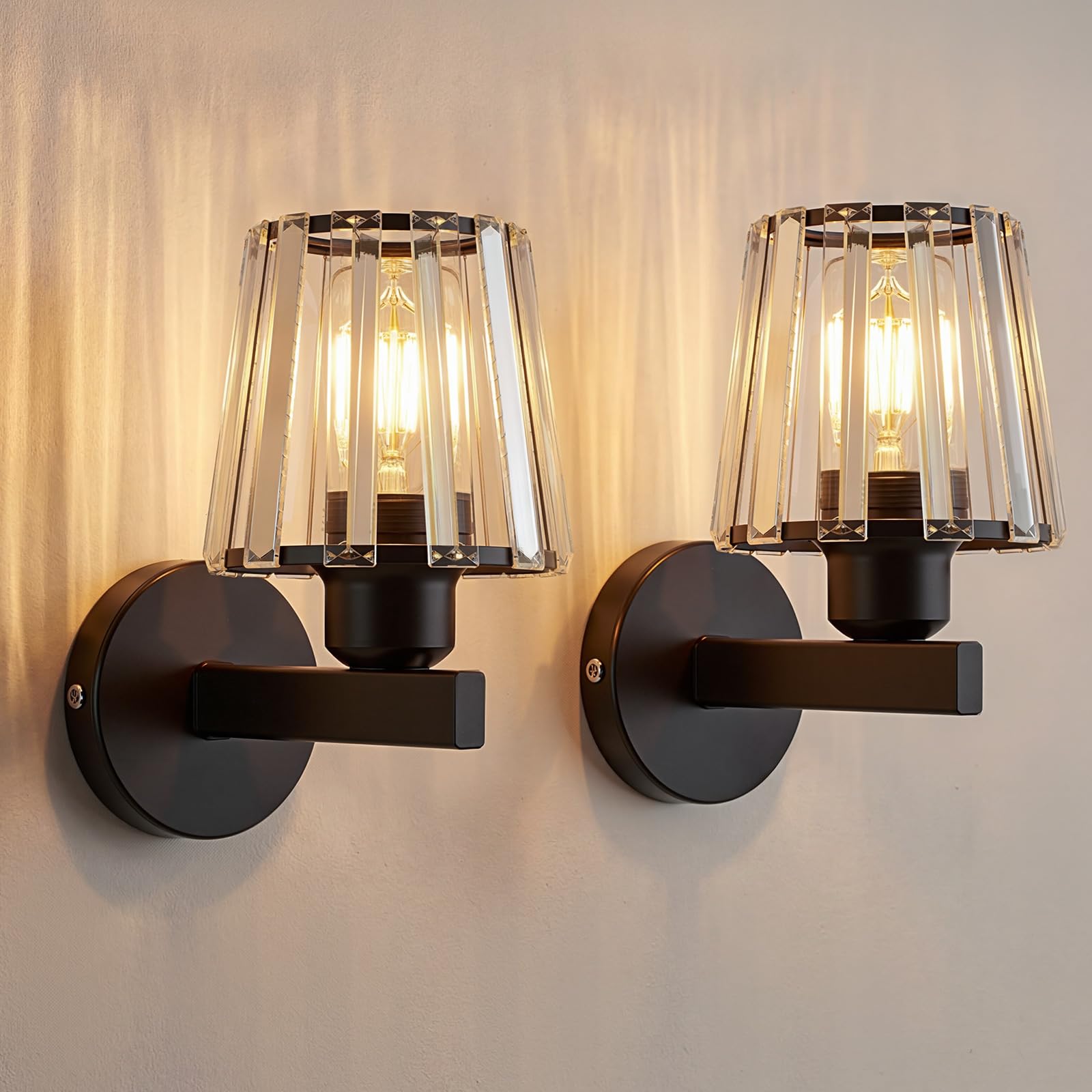 OXENKA 2 PCS Modern Crystal Wall Light Sconce, E27 Black Crystal Wall Lamp, Indoor Wall Sconce Lights, Wall Lighting Fixtures for Bedside Bedroom Living Room Corridor Dining Room Hallway Stair(Black)