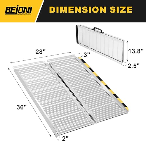 Miniatura 2 de BEJONI Rampa de silla de ruedas portátil plegable plateada de 3 pies, rampa de umbral de aluminio antideslizante para escalones y puertas del hogar,