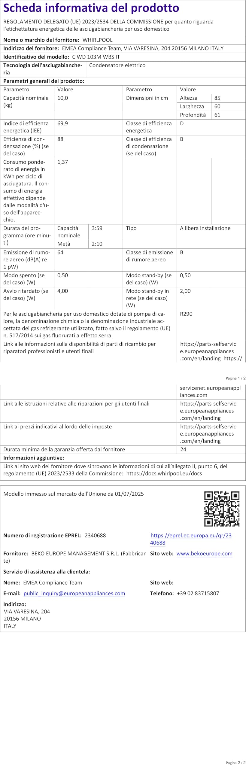 Scheda Di Controllo Asciugatrice Whirlpool W10051166/W10051165 – Usata, Spedizione In Giornata