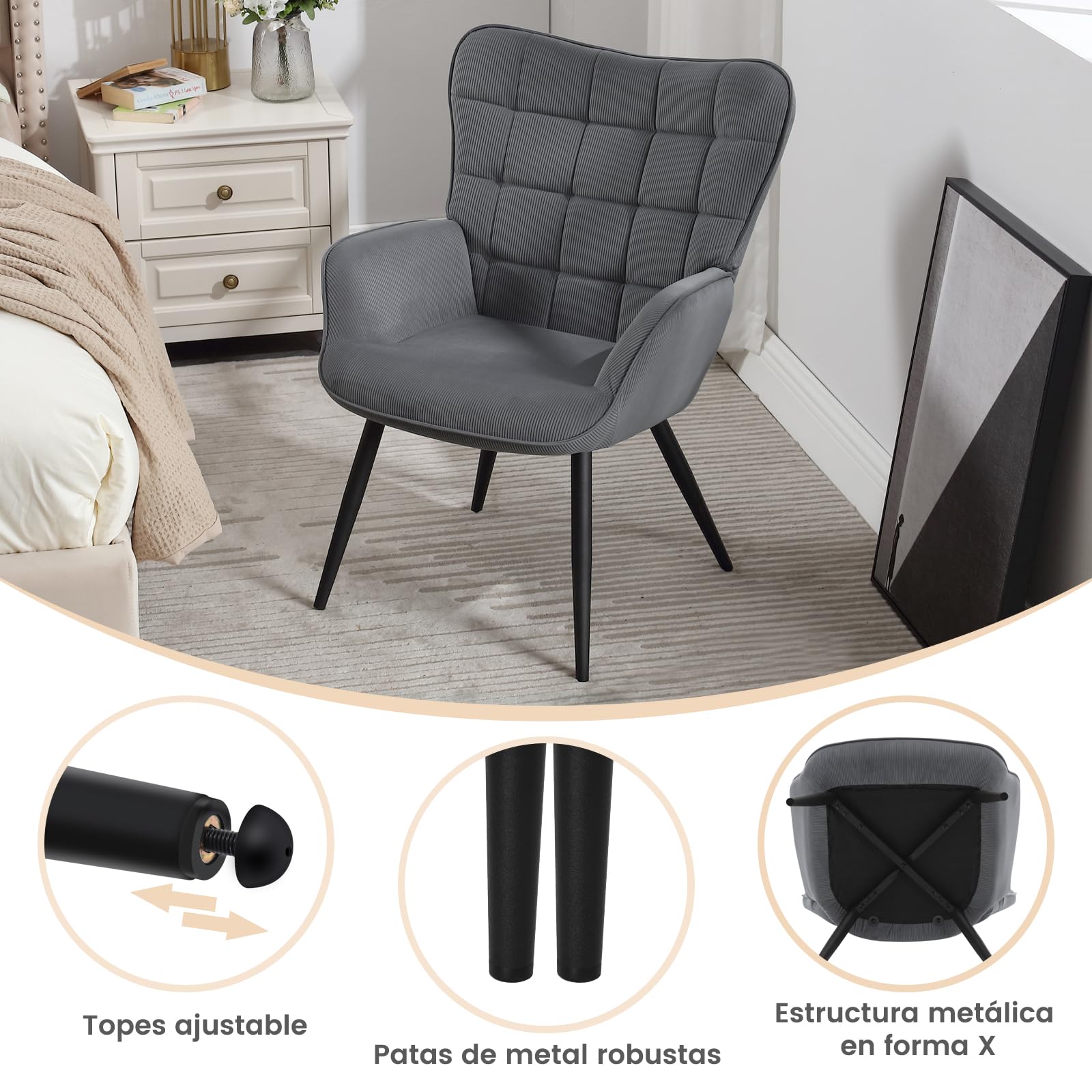 WOLTU Butaca de Salón, Sillón Relax Moderno, con Orejas, Gris Oscuro | Silla Individual para Dormitorio y Tocador, Tela de pana, Patas Metálicas, Silla Cómoda para Lectura u Ocio, 63,5x68x87 cm