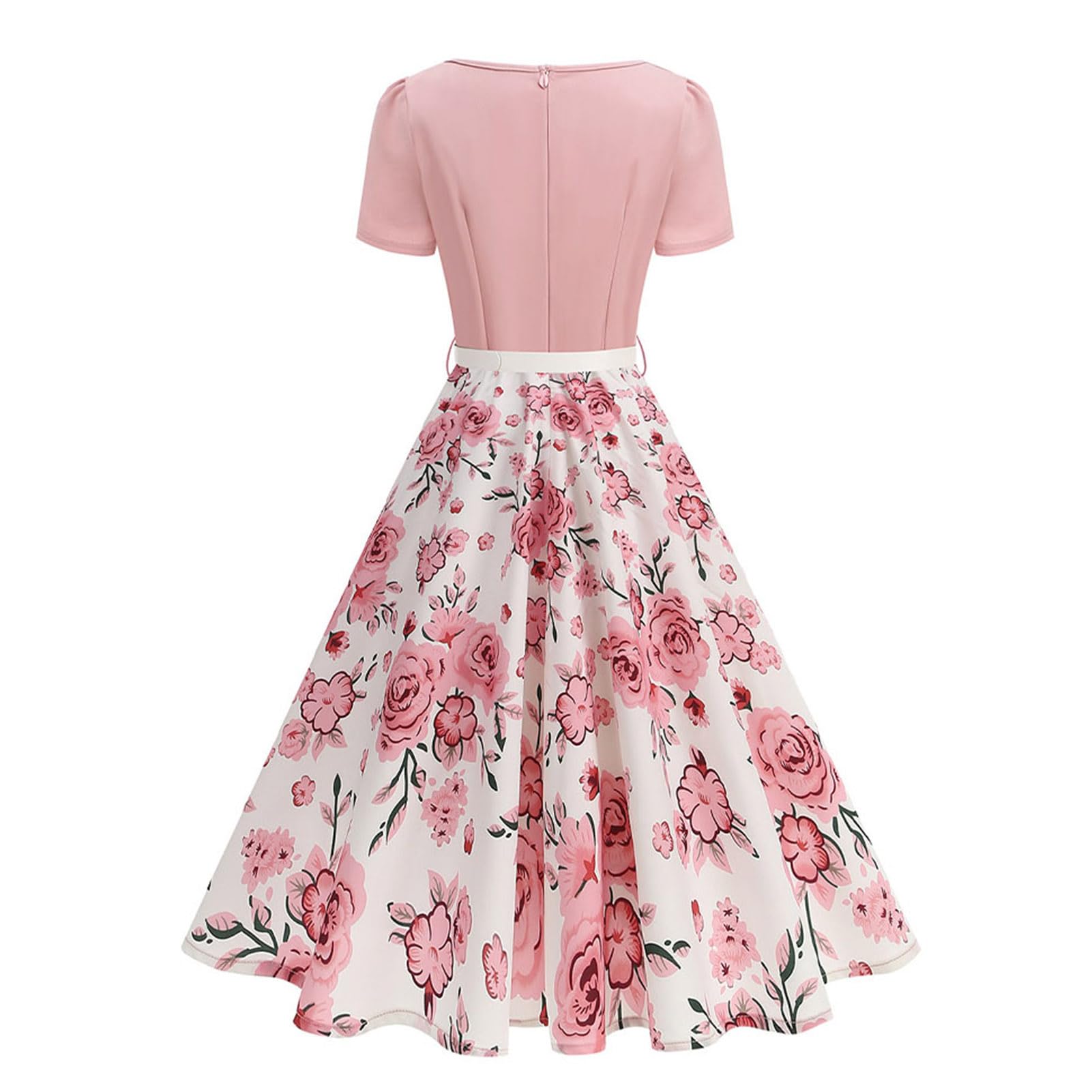 Robe de style années 50 pour femme - Style vintage - Manches courtes bouffantes - Col carré - Robe de cocktail avec ceinture