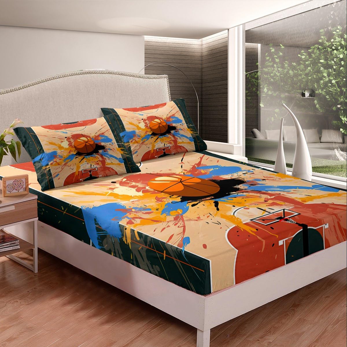 jejeloiu Boys Basketball Bed Sheets Set Twin Size Ball Gaming Tie-Dye Fitted Sheet for Kids Girls Sports Theme Bedding Set Room Decor