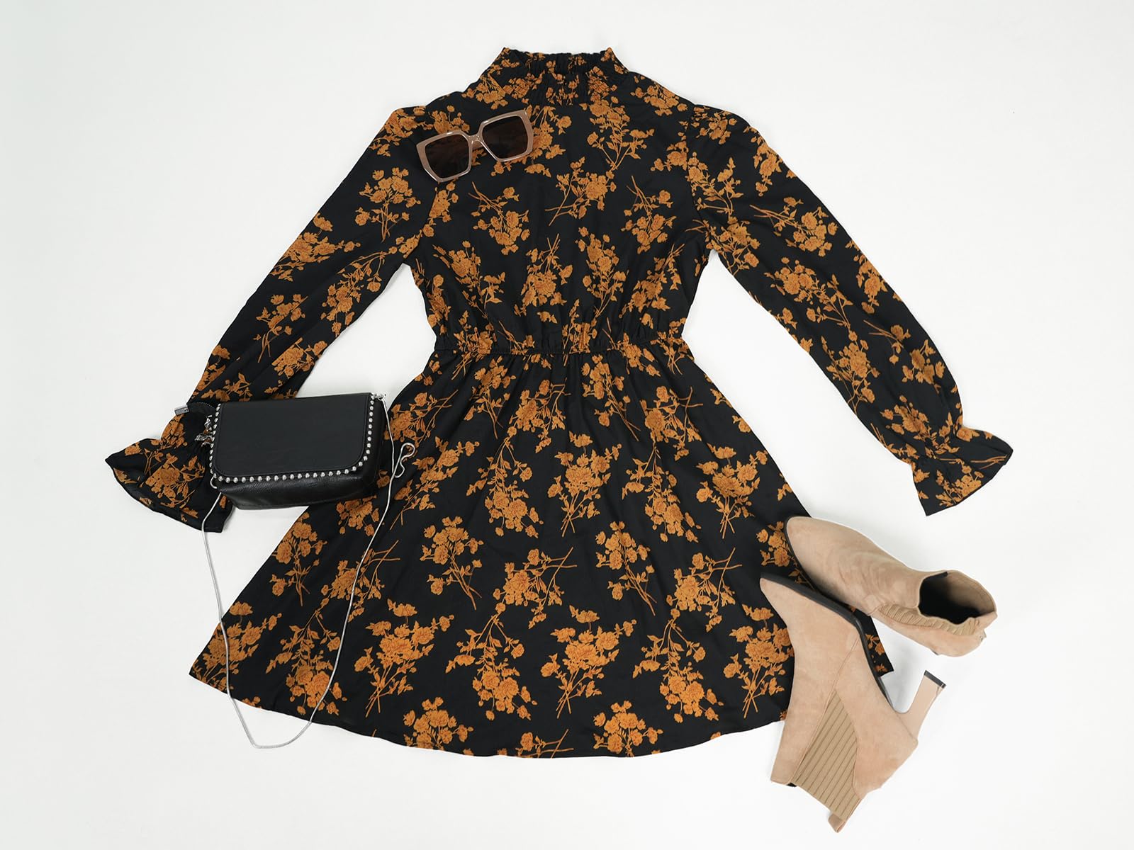 CUPSHE Robe pour femme à col haut à manches longues Motif floral, jaune