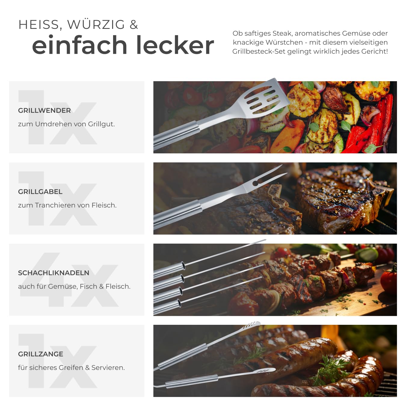 tectake® 18-TLG. Edelstahl Grillbesteck im Aluminium Koffer, Grillzubehör für Kugelgrill, Smoker, Kohlegrill, im Garten, beim Camping, als Geschenke für Männer, inkl. Fleischgabel, für Schaschlikgrill