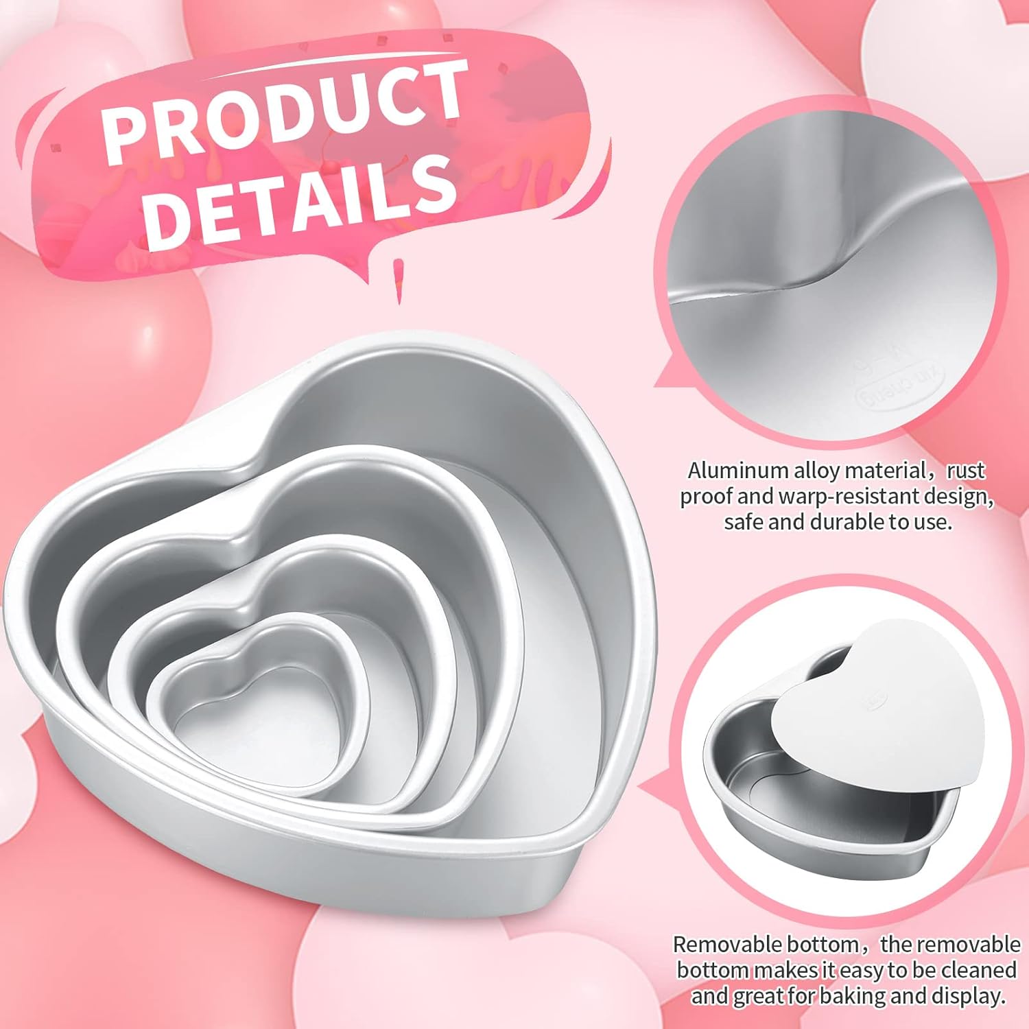Sieral 7 Pcs Valentine's Day Heart Shaped Cake Pans Set, 3/4/5/6/7/8/10 Inch Aluminum Nonstick Bakeware with Removable Bottom, DIY Heart Baking Molds for Cakes and Desserts, Baking Supplies - Image 3