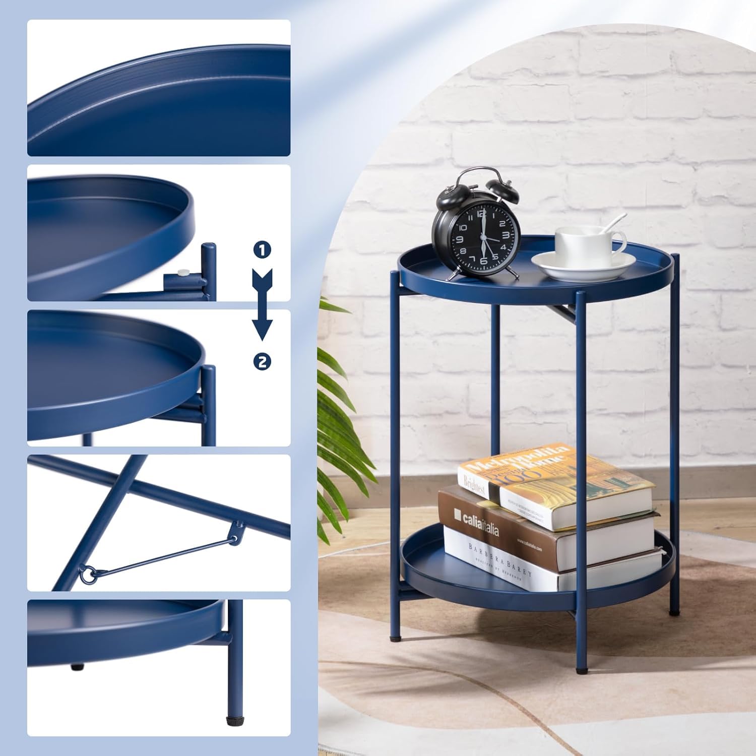 INDIAN DECOR 42111 2-Tier Round Side Table, Outdoor Small Folding Accent Stand with Removable Tray, Anti-Rust Metal Asional Table for Balcony Patio Living Room, Nightstand for Bedroom(Blue) 2