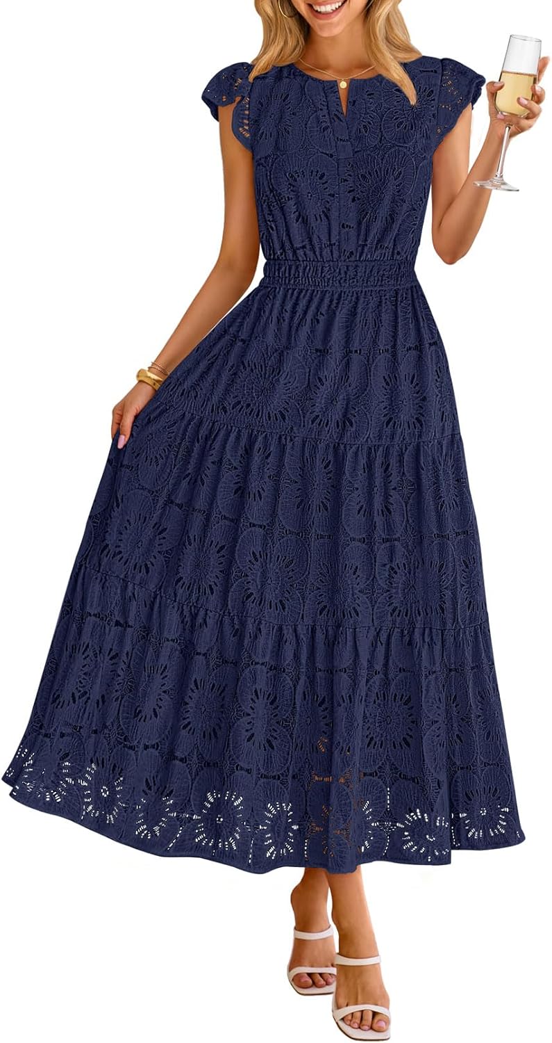 MEROKEETY Women's Summer Lace Eyelet Maxi Dress 2026 Spring Casual Boho Flutter Sleeve Tiered Flowy Beach Vacation Dresses