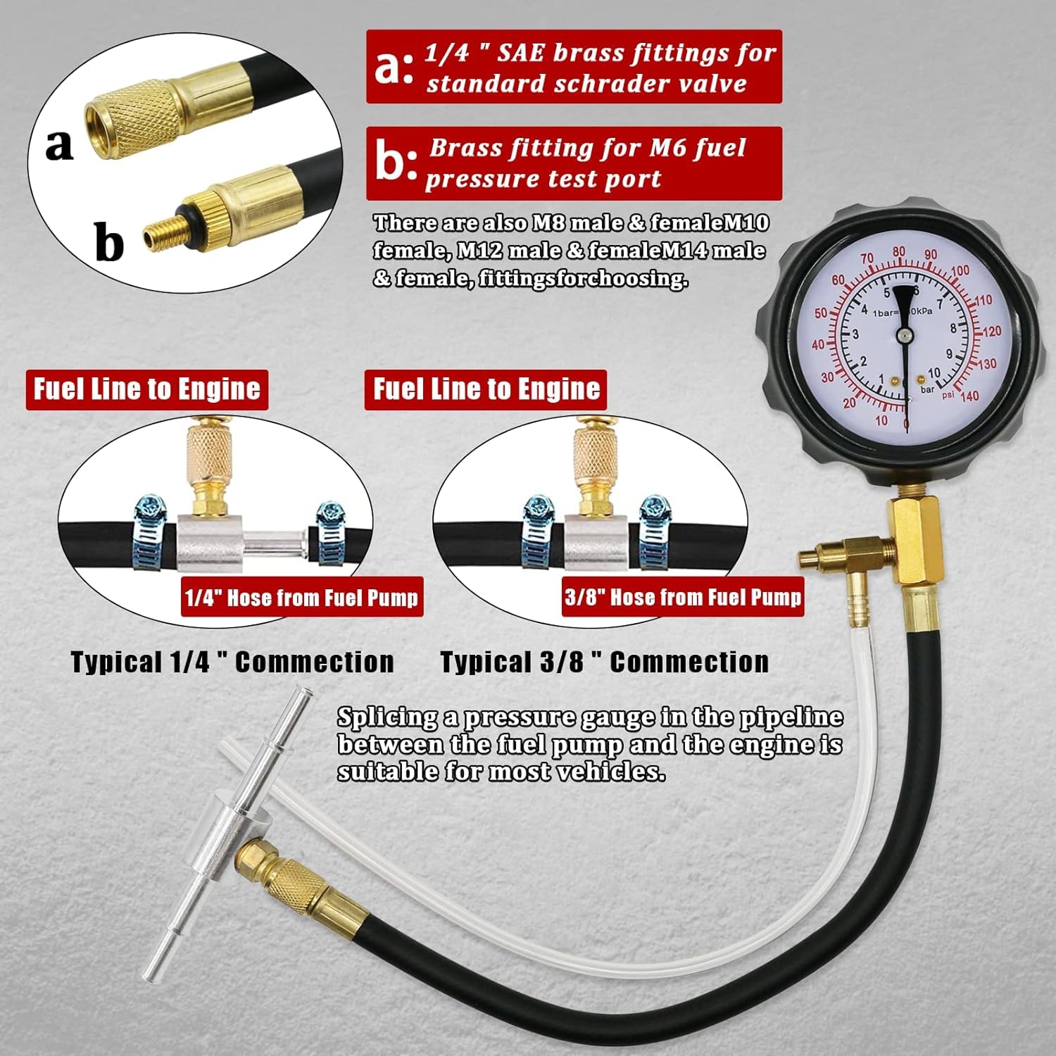 Probador de presión de combustible de compresión del motor, TU-114 kit de herramientas de diagnóstico de manómetros para cilindros diesel de bomba de gasolina para vehículos (0 - 140 PSI / 10 bar)