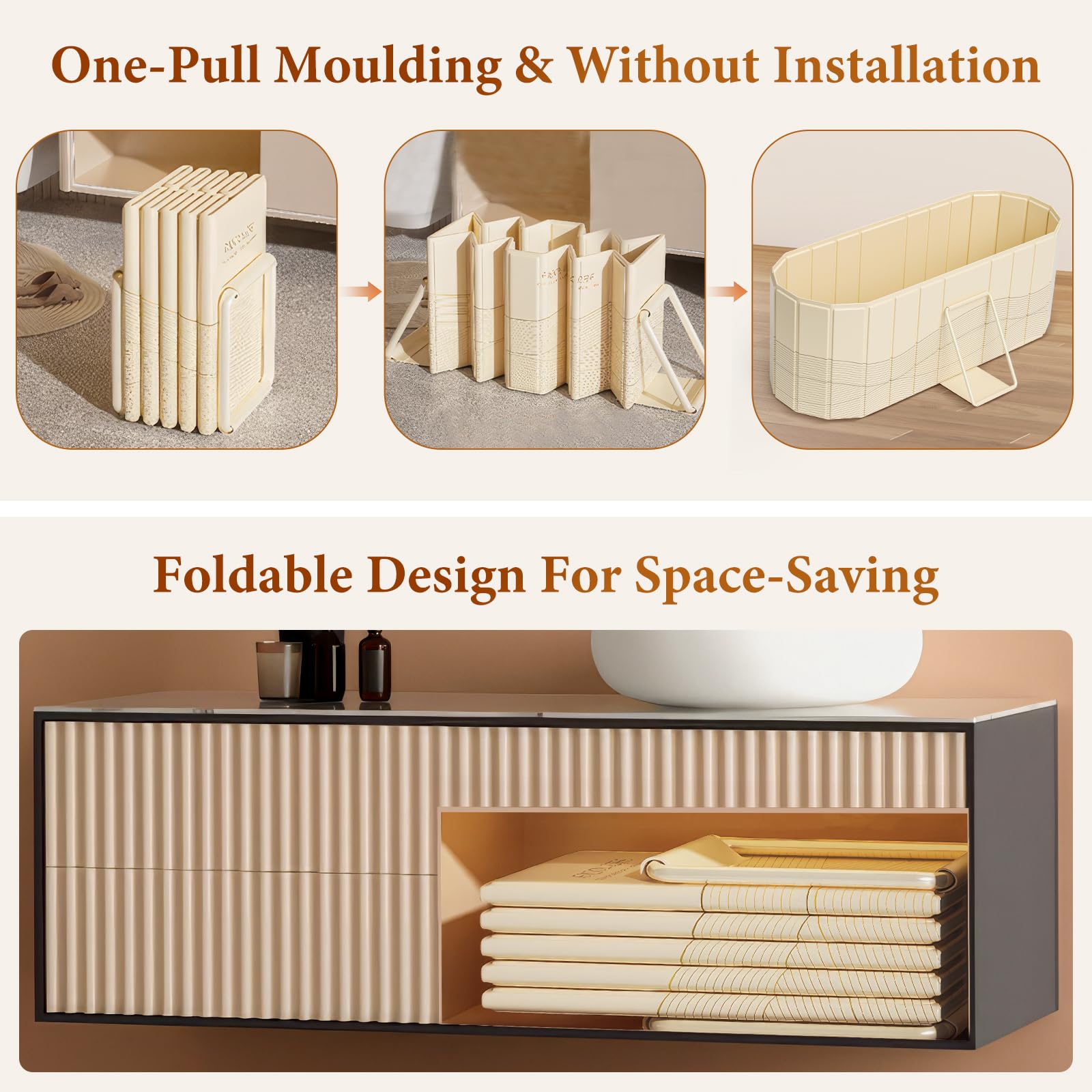 Bañera portátil para adultos 150 x 55 x 50 cm, bañera plegable para adultos con 2 agujeros de drenaje, bañera familiar para baño de hielo Equipada con 2 placas de soporte laterales con cubierta (Beige