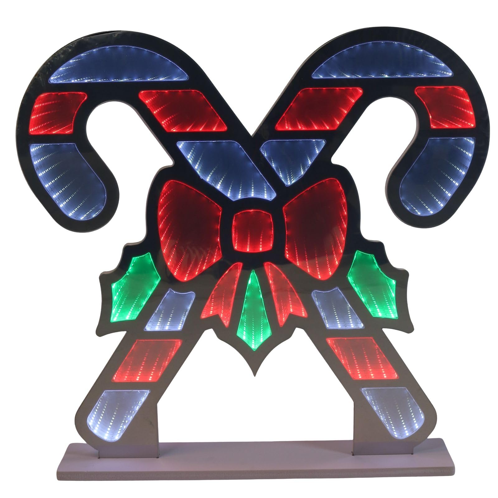 Mr Crimbo 60cm Candy Canes LED Infinity Mirror Christmas Decoration with Optical Illusion, Multicolour Lights on Both Sides, White Wooden Base, 5m Cable, Mains Operated Indoor Festive Display