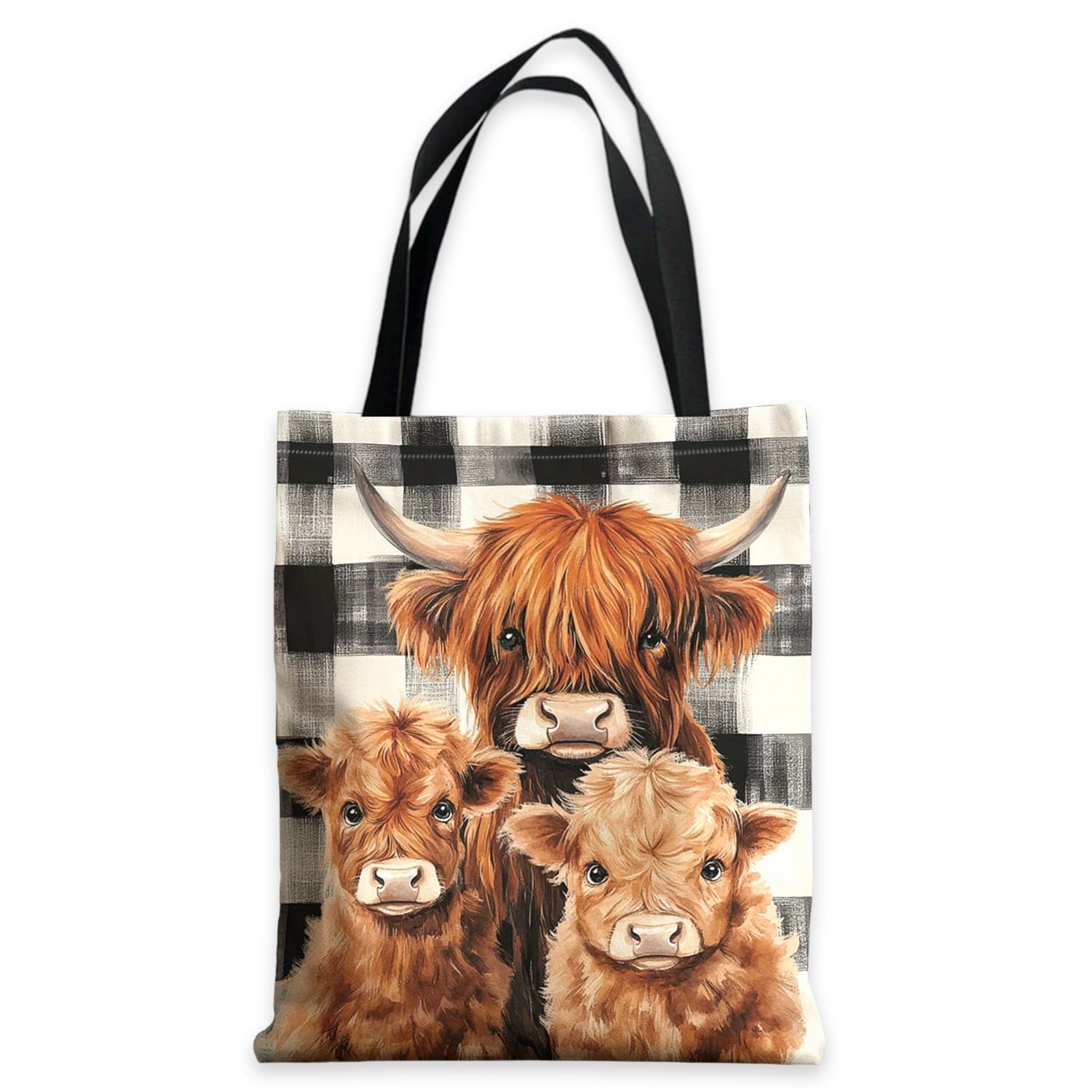 Fakcrkun Highland Cow Tote Bag, Double-Sided Printed Canvas Shoulder Bag with Checkered Pattern, Unique Highland Cow Gifts for Women Men