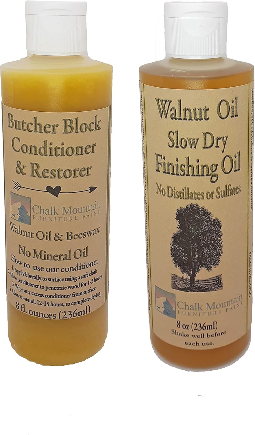 Chalk Mountain Brushes 8oz Walnut Oil Finisher and 8oz Butcher Block Oil Conditioner. 2 Pack : Health & Household